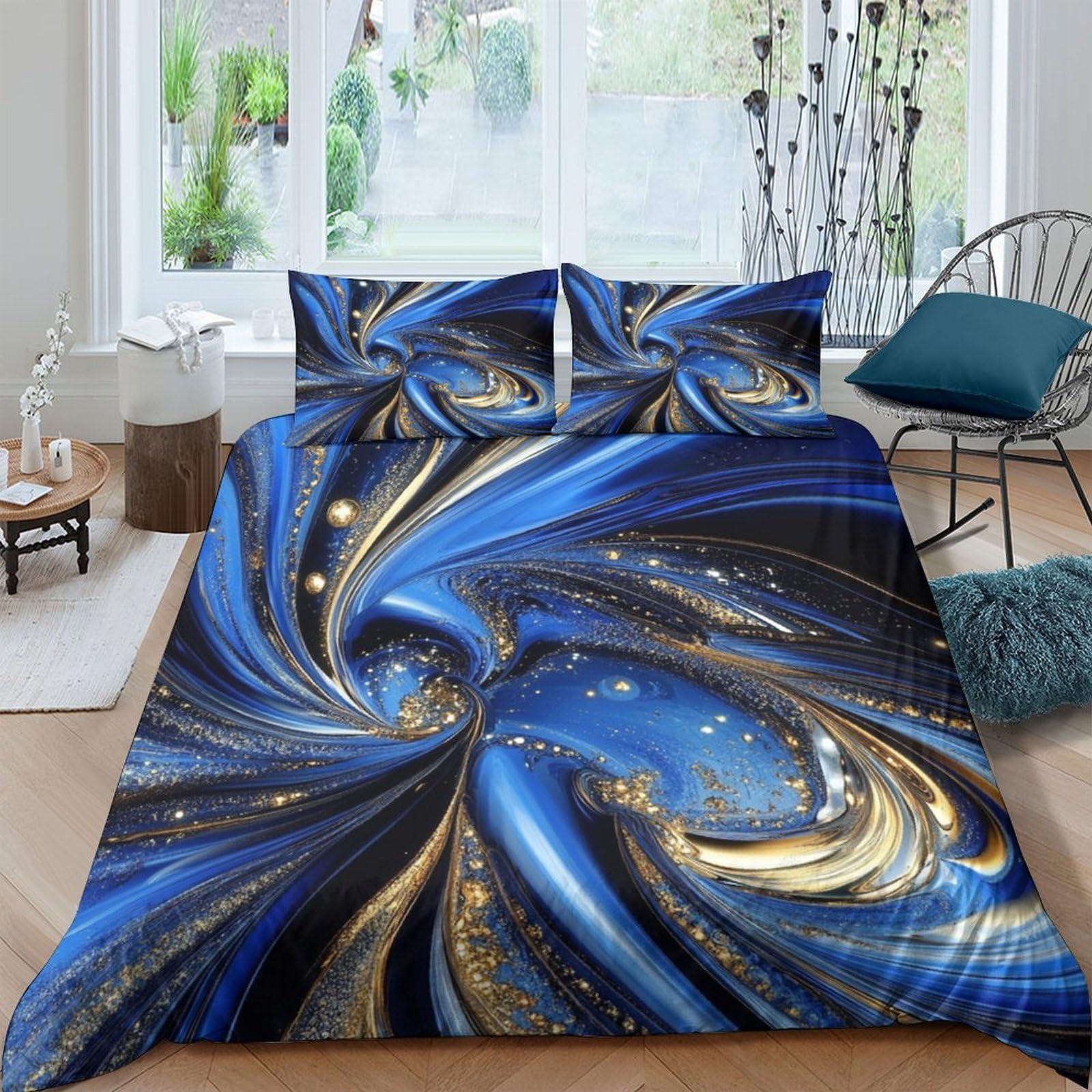 Ctjqhvkz Style-2 3D Printed Galaxy Starry Sky Fitted Sheet Microfiber Blue Gold Cosmic Nebula Bed Cover Bedroom Decor Single（135X200cm）