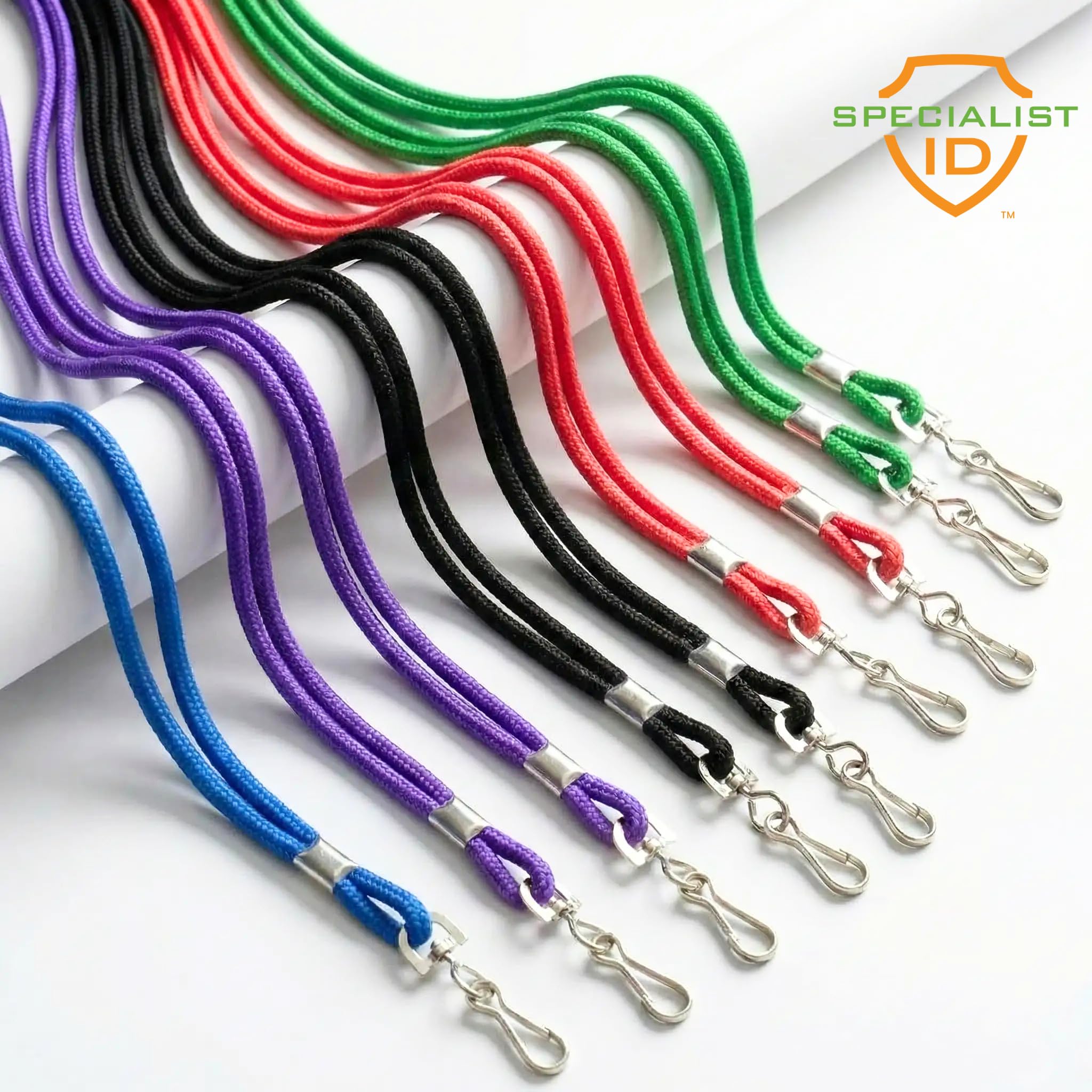 Specialist ID Premium-Ausweishalter, rund, für Abzeichen und Namensschilder, 91,4 cm, nicht abreißbar, robuste Schnur und sicherer J-Haken-Clip aus Metall, verschiedene Farben, 100 Stück