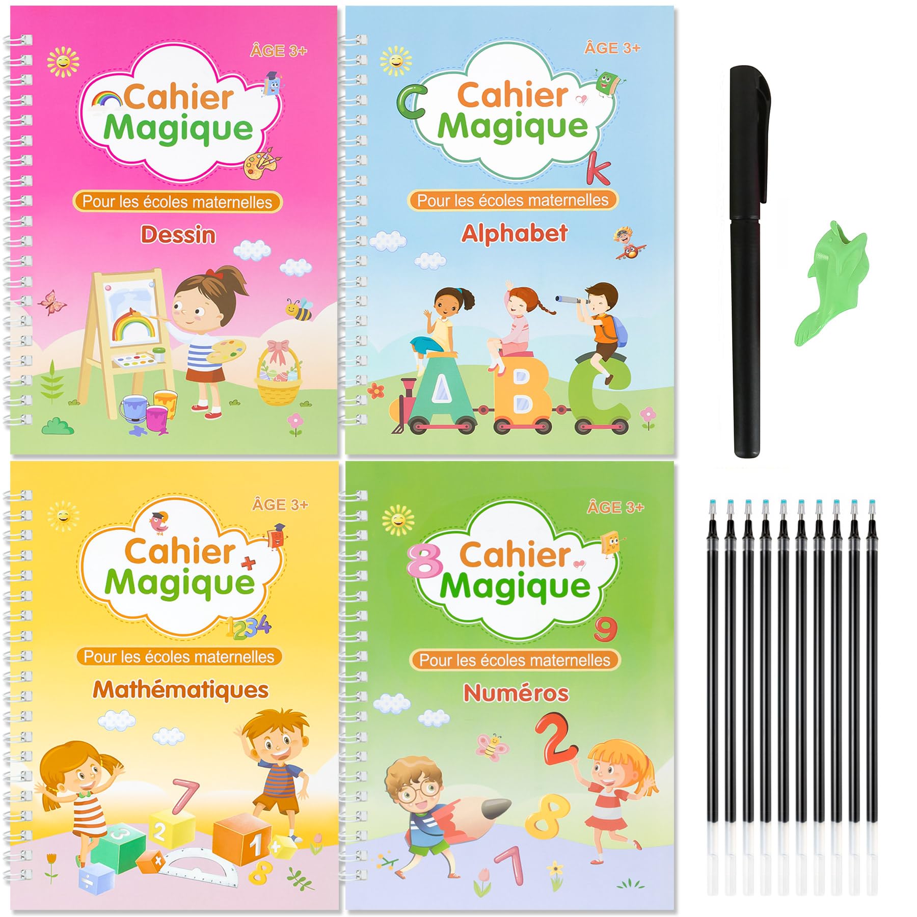 Cahier Magique D'Écriture Maternelle – 4 Livres Calligraphie Enfant (Alphabet, Chiffres, Maths, Dessin) + Stylo + Recharges + Grip – Français CP CE1 CE2