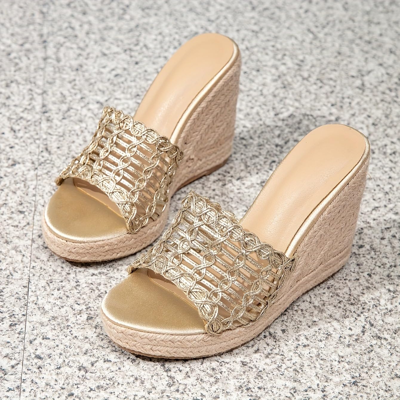Sandalias Vacaciones Mujer Esparto Cuña Champagne Verano | Perfectas para vacaciones y playa, parte superior textil transpirable, cuña cómoda y estilo casual versátil