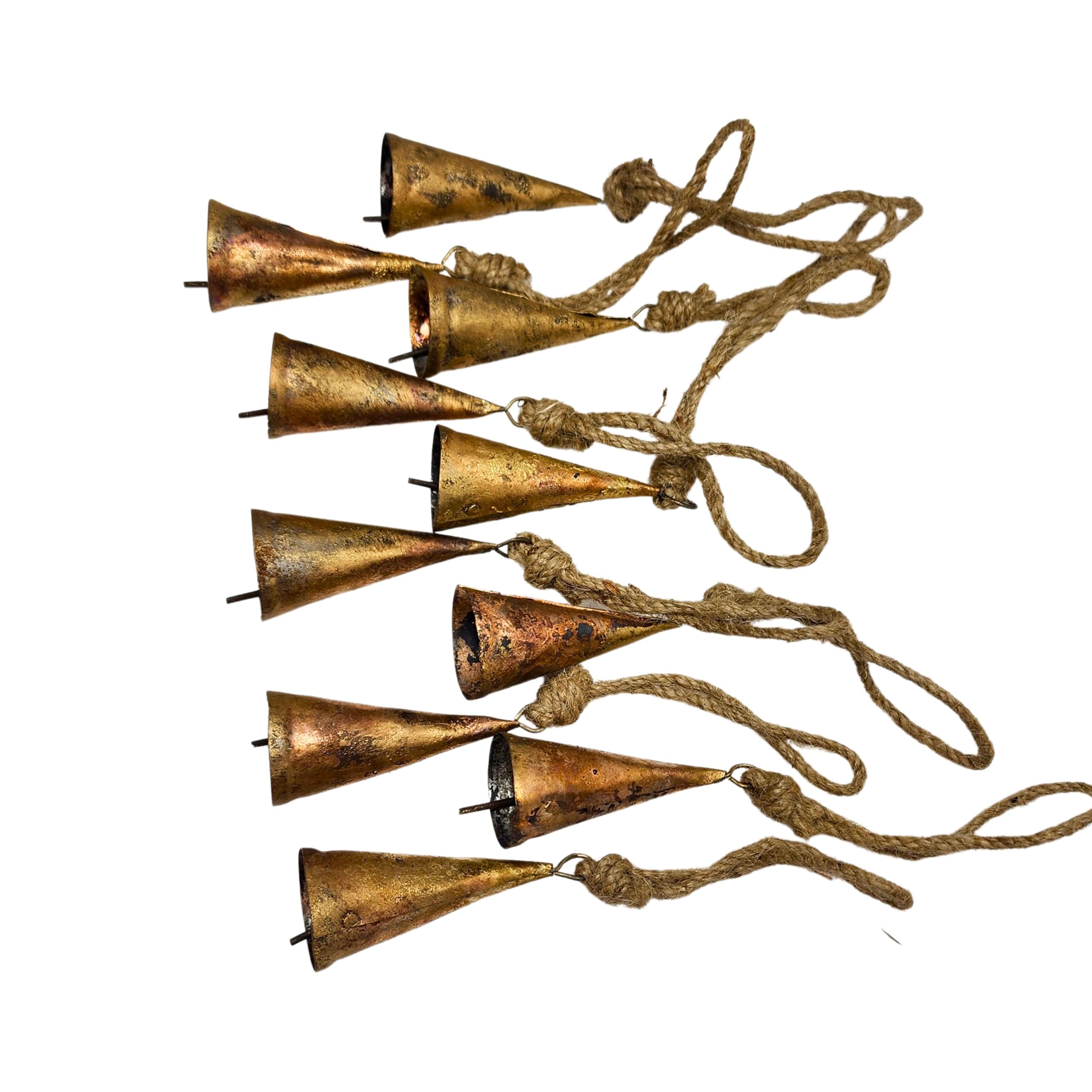 Campanas de vaca de metal de 7 cm, estilo vintage, rústicas, hechas a mano, con cuerda de yute (10 unidades, cono)