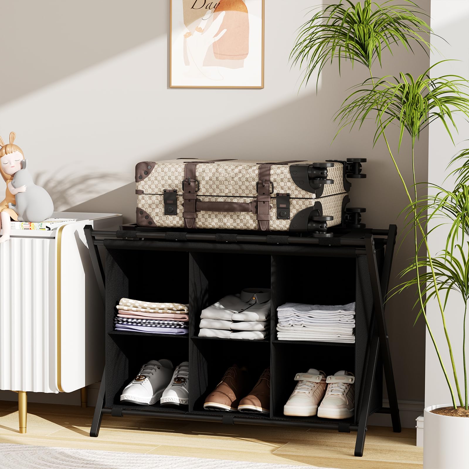 Portapacchi con contenitore, supporto pieghevole in metallo per valigie con 6 ripiani cubici in tessuto, portabagagli portatile, a 2 livelli, per camera da letto, casa, hotel, nero