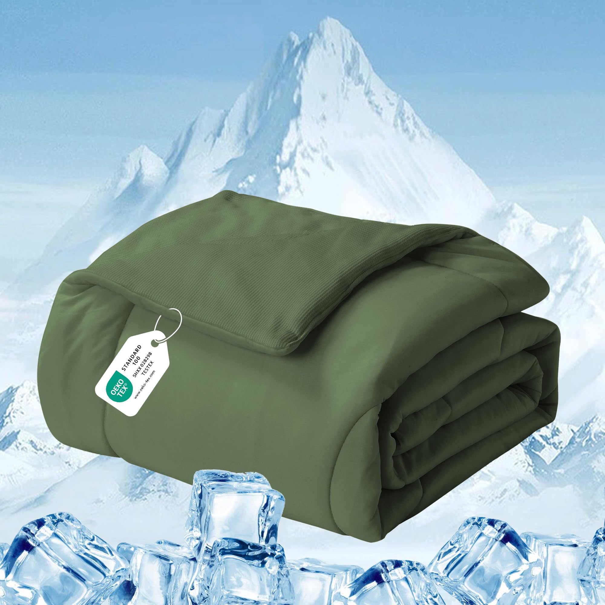 Deodar Couverture rafraîchissante 2-en-1 Double Face (Grille gaufrée + Soie de Glace), légère et Auto-refroidissante, Vert 150x200