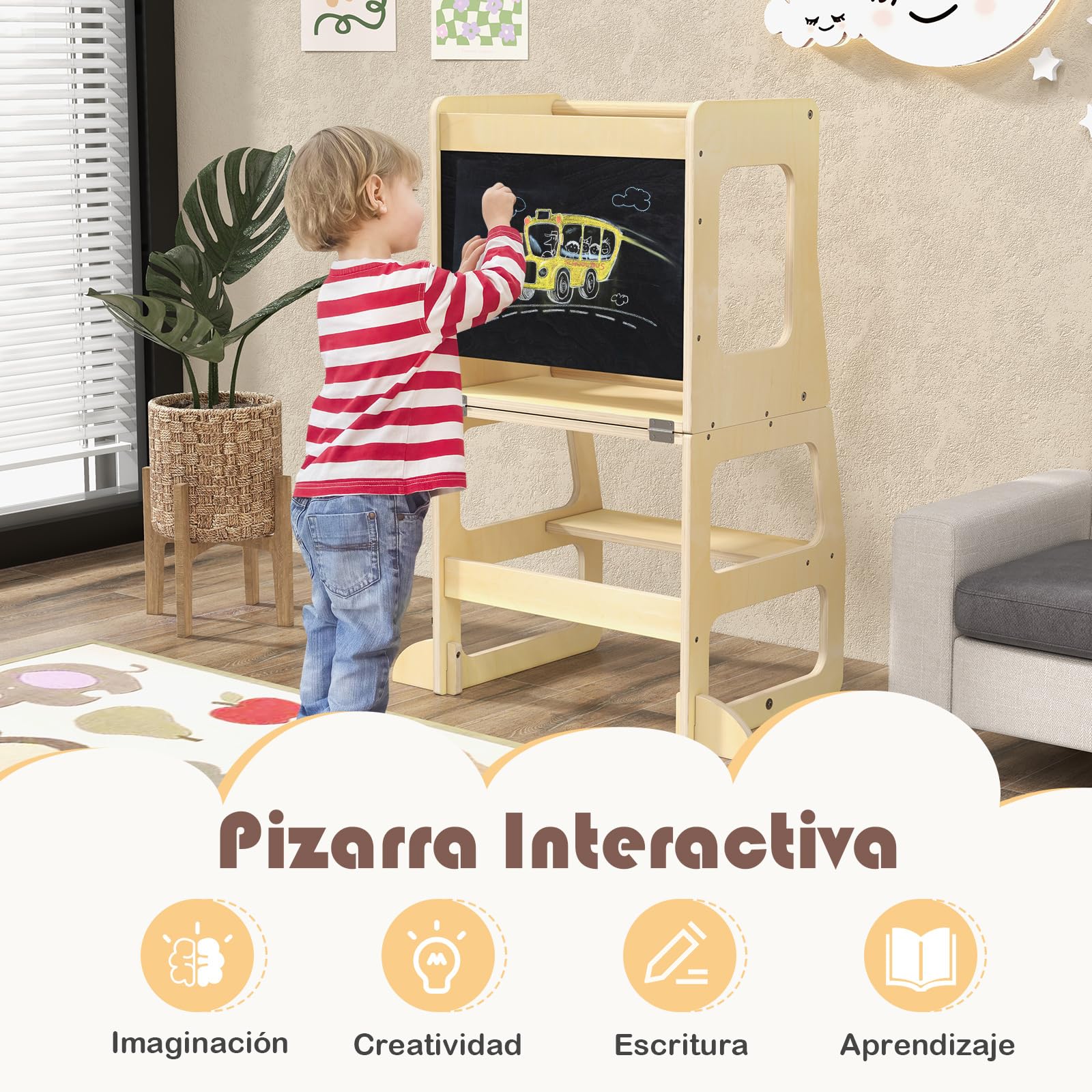 COSTWAY Torre de Aprendizaje Plegable 3 en 1, Taburete Infantil Montessori de Madera con Pizarra, Mesa, Taburete y Barra de Seguridad para Baño Cocina, Juego de Mesa y Silla para Niños