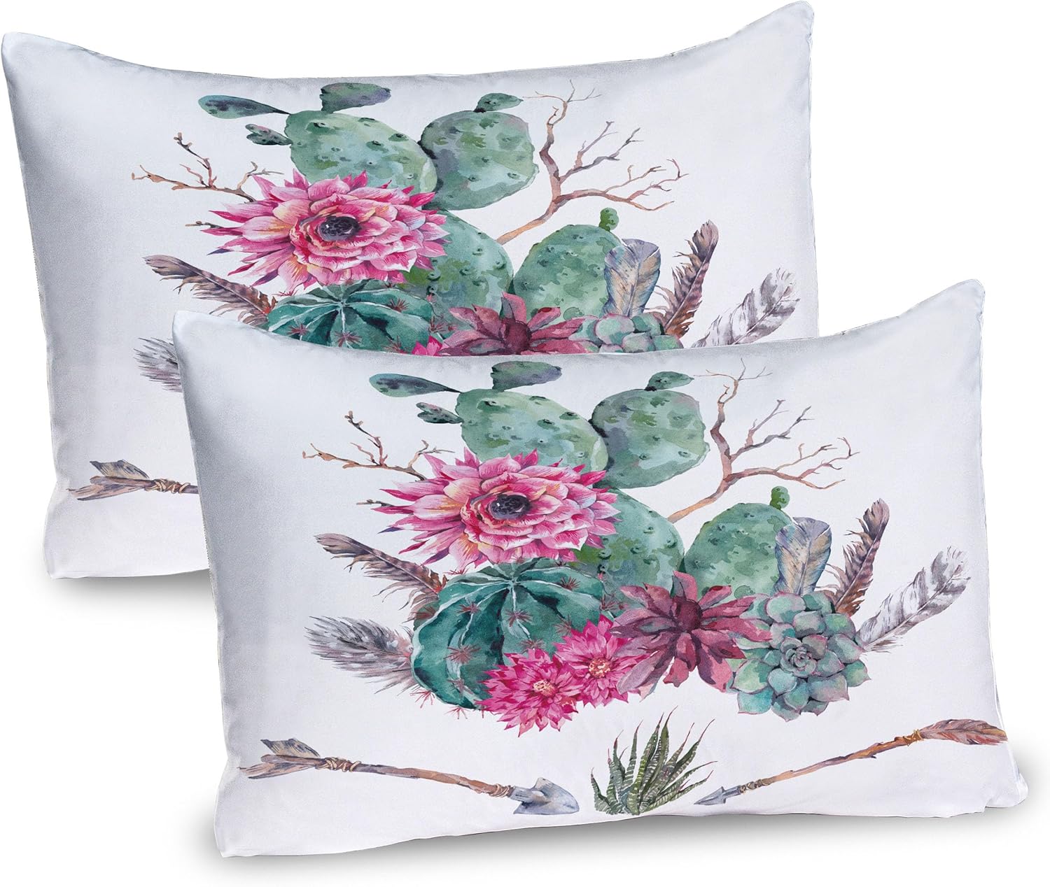 Ambesonne Cactus Pillow Sham Set of 2, Exotic Natural Vintage Style Watercolor Bouquet Bohemian Arizona Vegetation, Quality Microfiber Bedding Item for All Seasons, 26" x 20", Green Pink