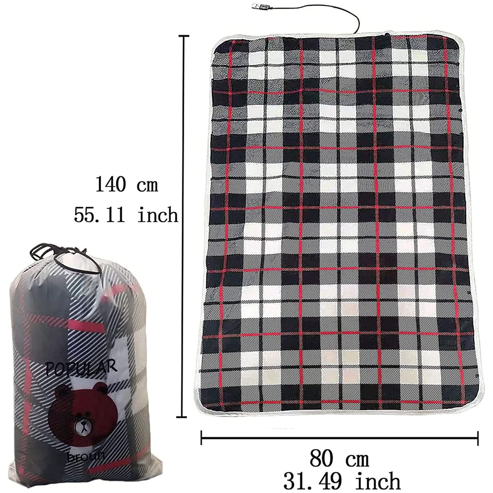 Elektryczny podgrzewany koc, elektryczny zimowy ciepły flanelowy w kratę Podgrzewany koc USB z guzikami Poręczny bezprzewodowy koc do owijania Elektryczna podkładka grzewcza z regulacją temperatury w