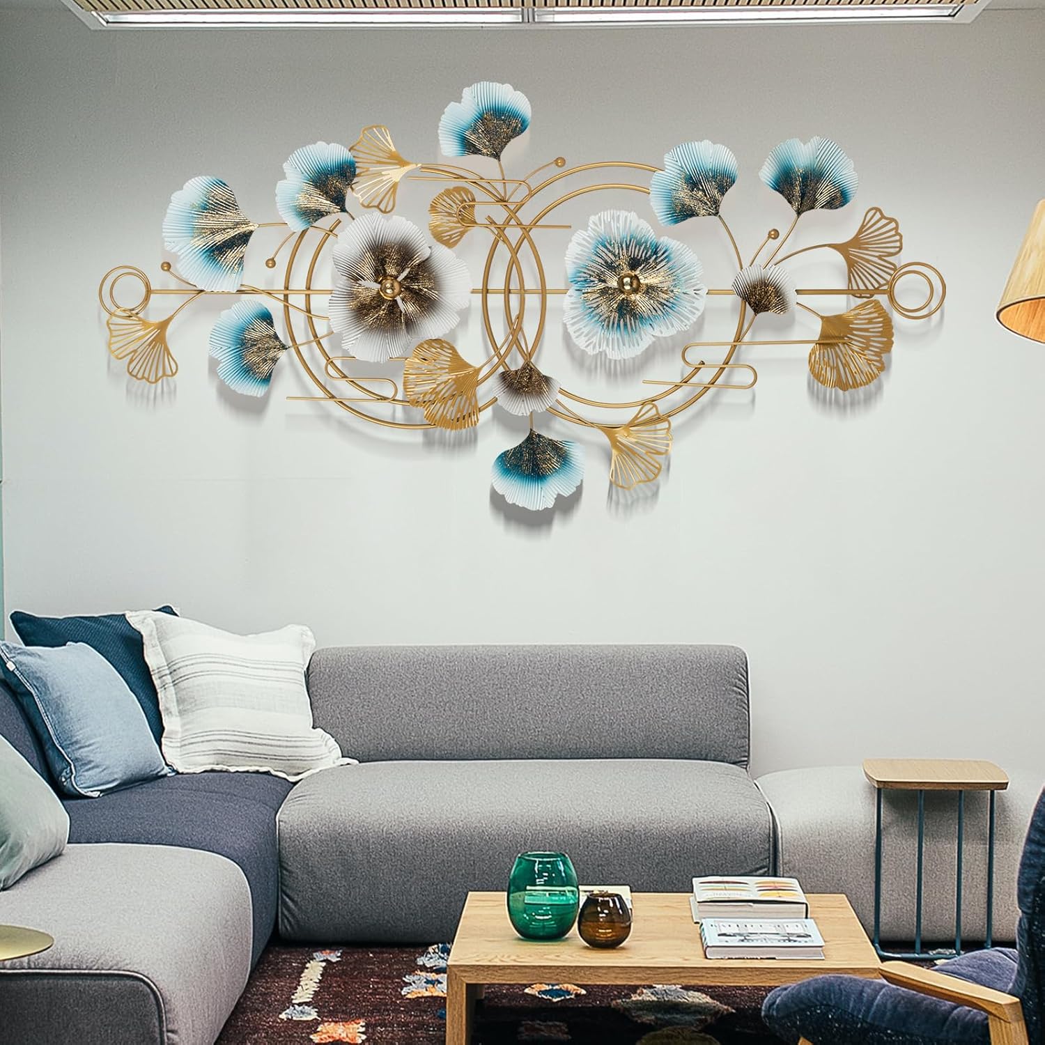 CRDWN Wall Decor Living Room 53.5" 3D Ginkgo Leaf Metal Wall Decor Modern Metal Wall Art Decor Handcrafte Dark Blue and Gold 53.5"L x 22"W