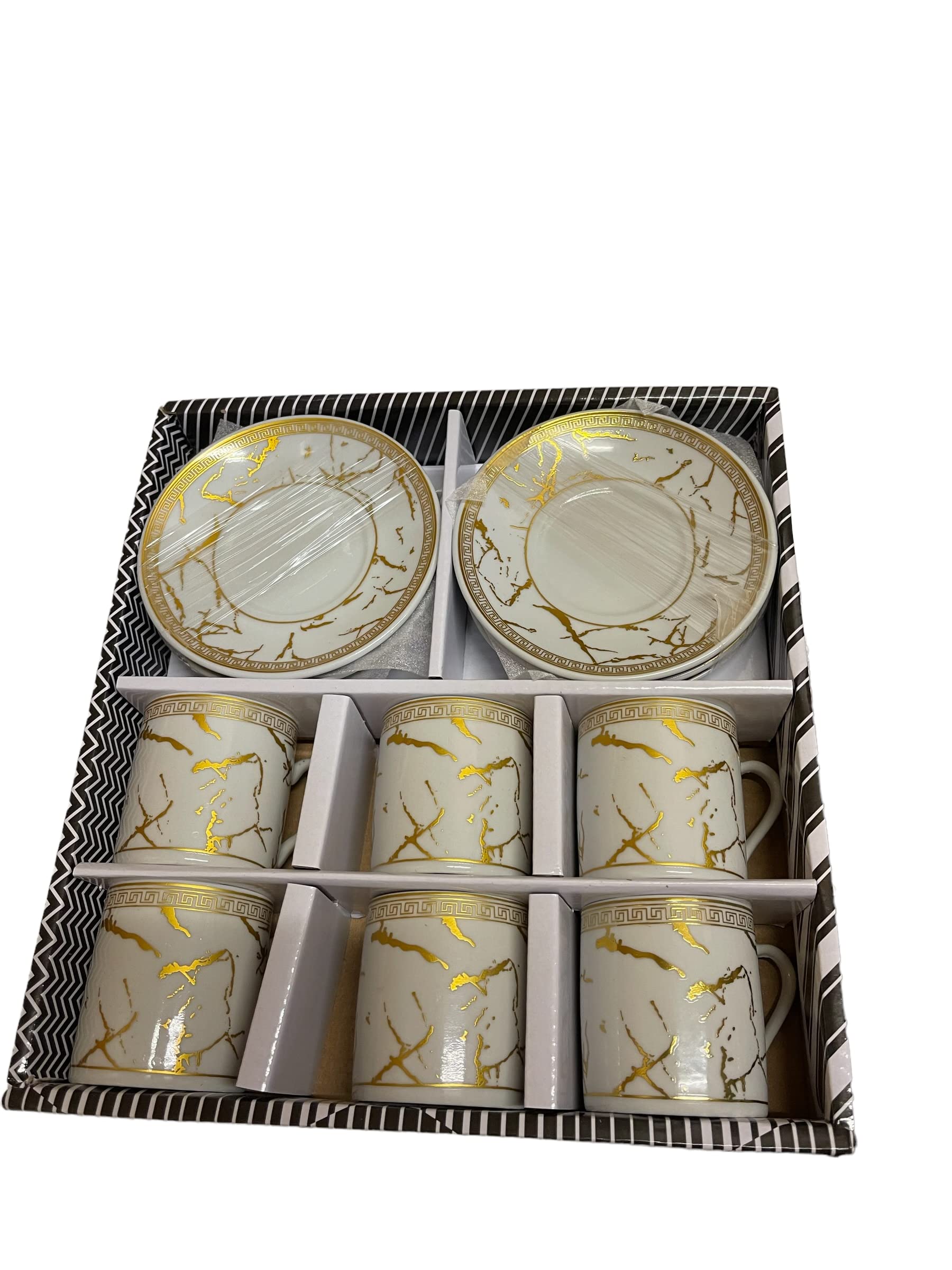 Service à café porcelaine 6 tasses et soucoupes blanches dorées