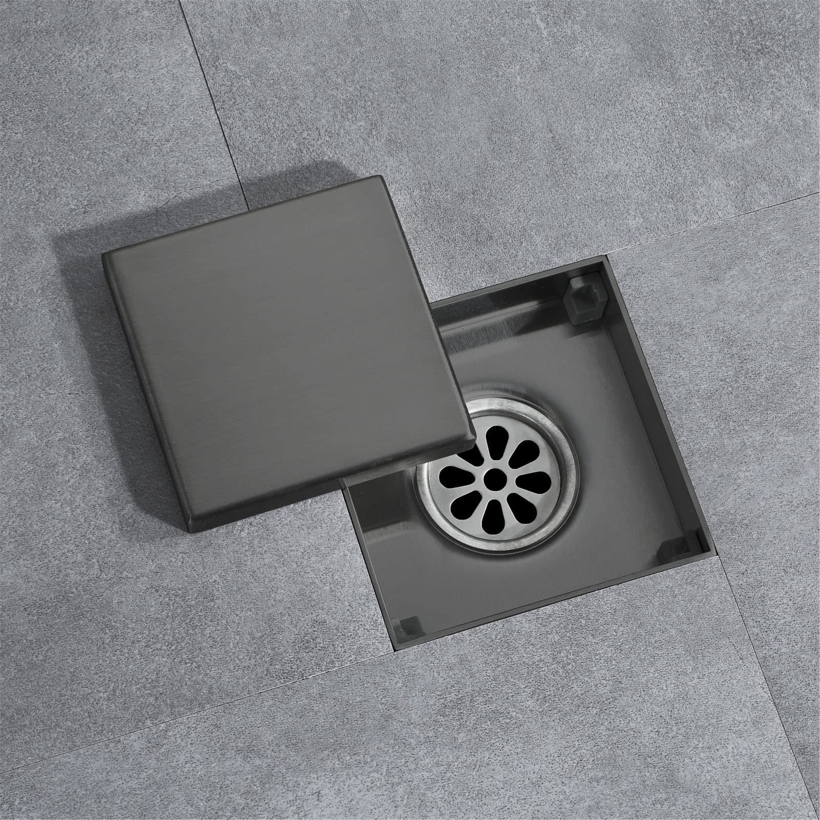Scarico a pavimento per doccia in acciaio inox con raccogli capelli, quadrato, 1010 cm, ideale per bagno, cucina, garage, grigio pistola