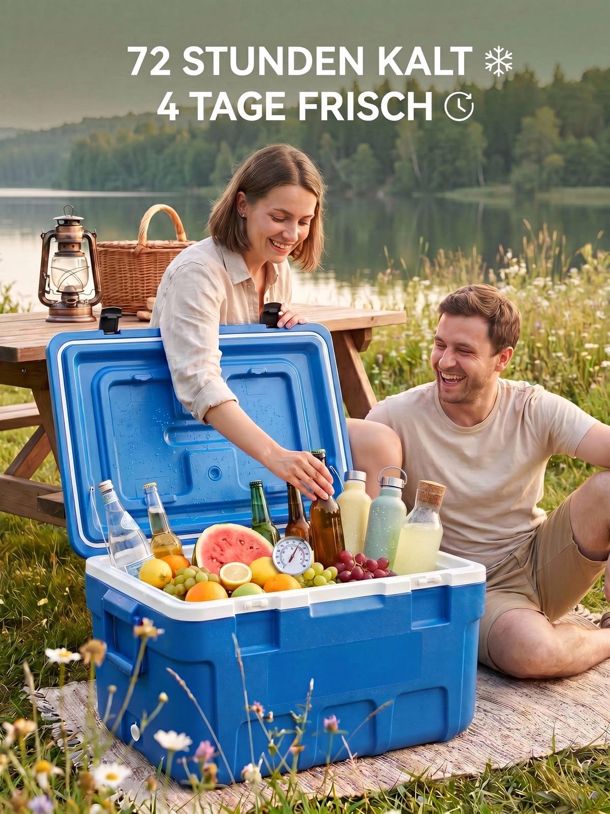 Kühlbox 66 Liter ohne Strom – Tragbare Thermobox hält EIS bis zu 4 Tage kalt, Passive Kühlbox für Camping, Picknick, Auto & Angeln