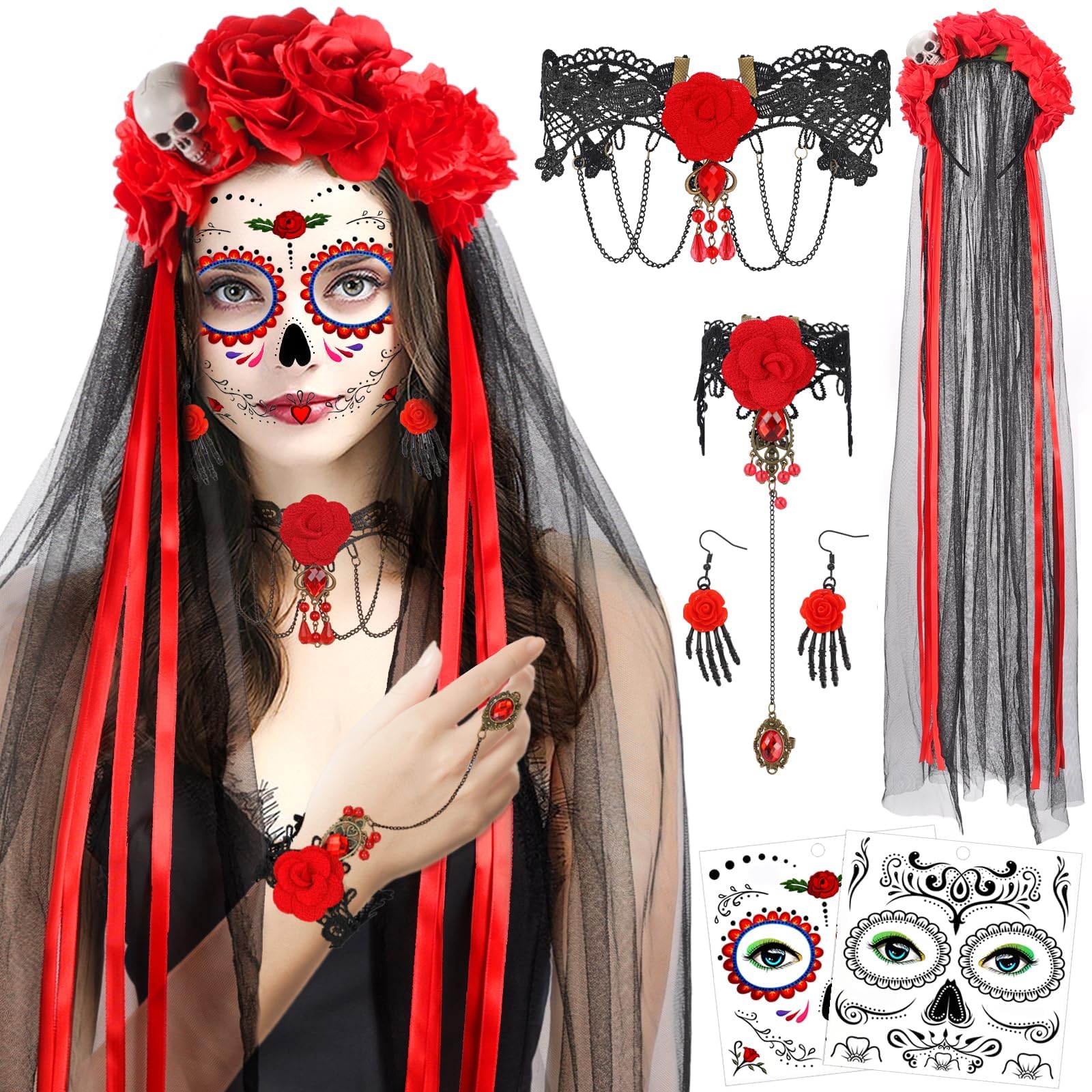 ALUNME Halloween Day of the Dead Women's Headband with Veil, Rose Crown & Sugar Skull Face Tattoos - Halloween Costume Accessories