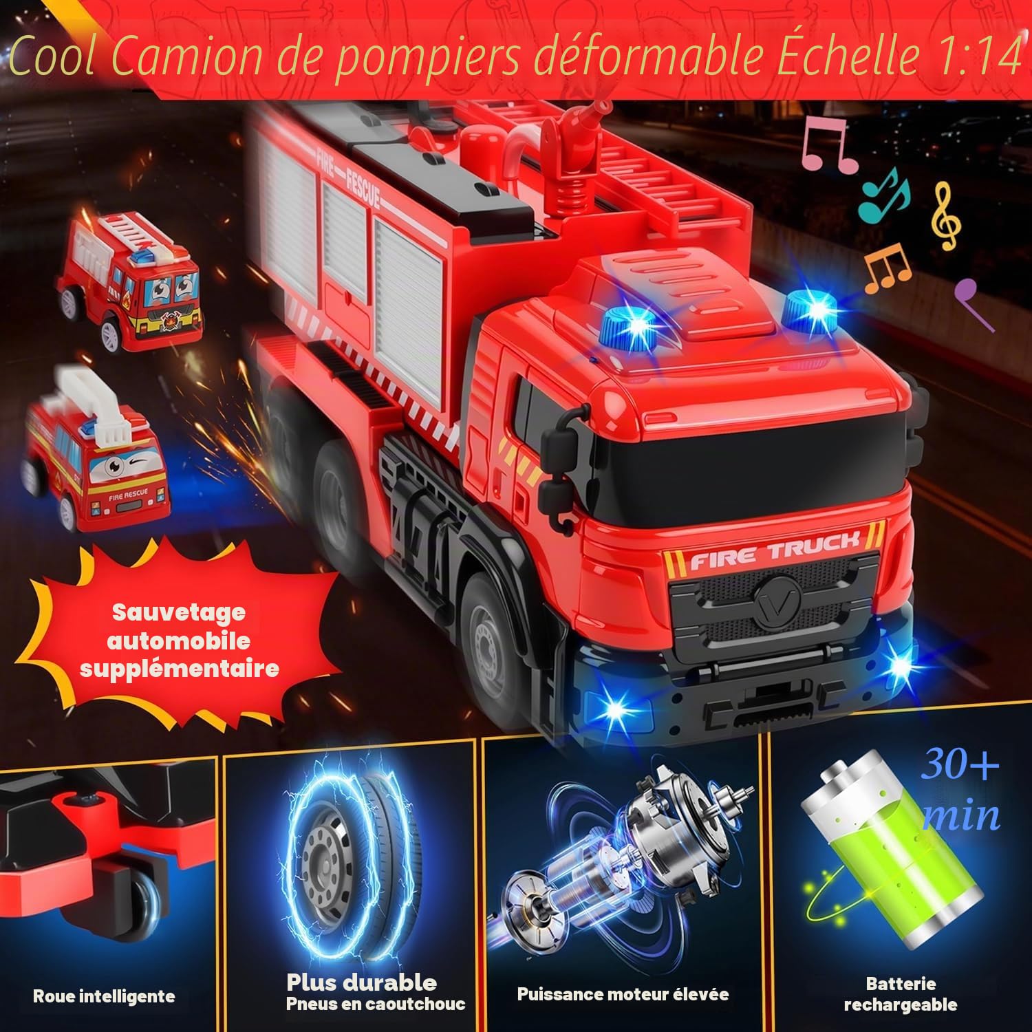 JONRRYIN Camion de pompiers télécommandé, 1:14 Grand jouet de pompiers avec lumière et son, jet d'eau, transformateur 2 en 1, voiture télécommandée jouet, voiture jouet enfants cadeaux de Noël