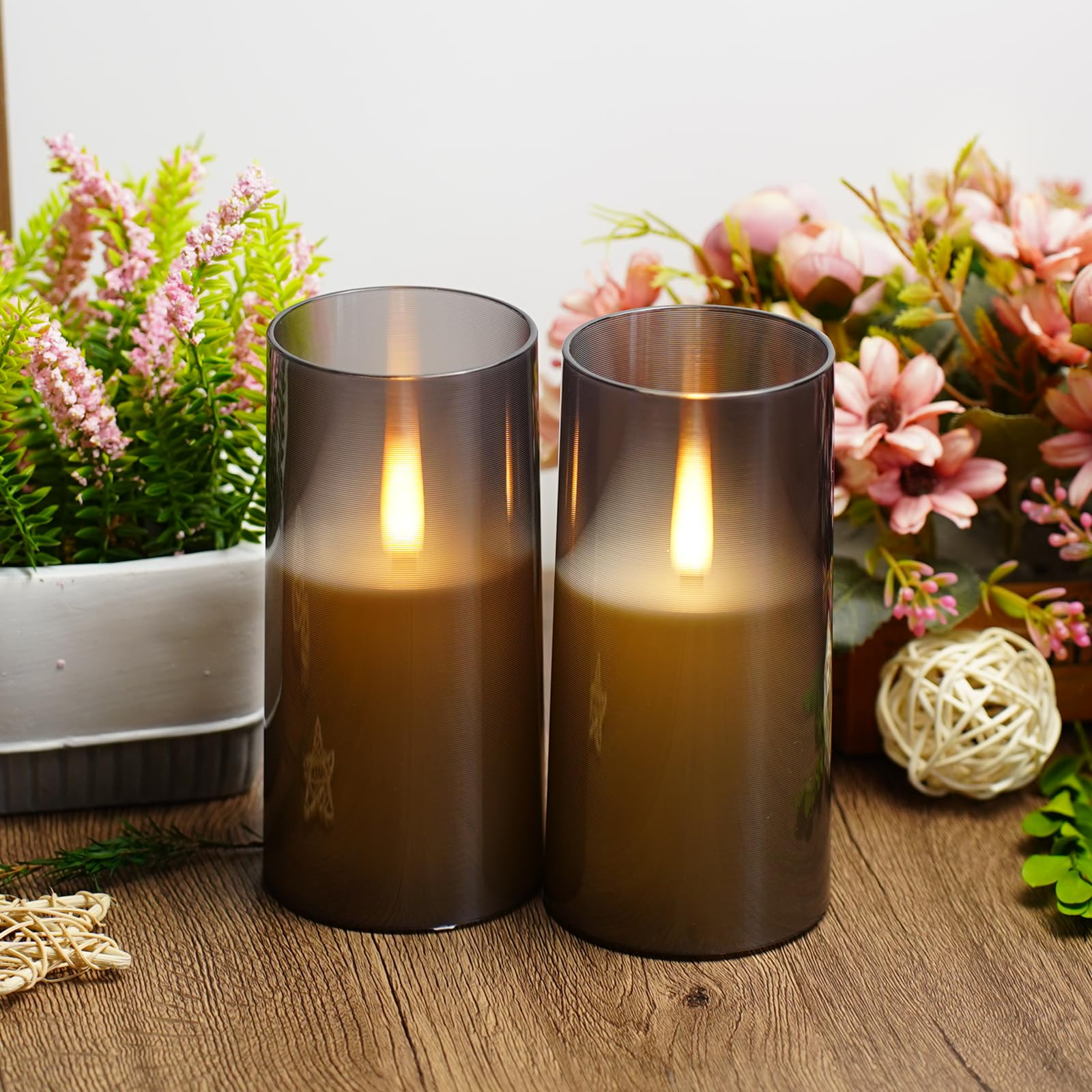 JINYANIA Flameless LED Candles Set Of 2 - Realistic Flickering Pillar Candles With Remote & Timer (Grey, 3x6in)