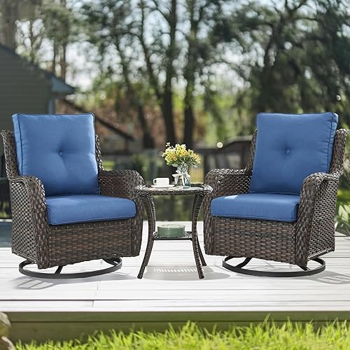 Miniatura 8 de HUMMUH Silla mecedora giratoria de ratán de 3 piezas para exteriores, juego de muebles de bistró de patio con cubierta, silla de mimbre acolchada