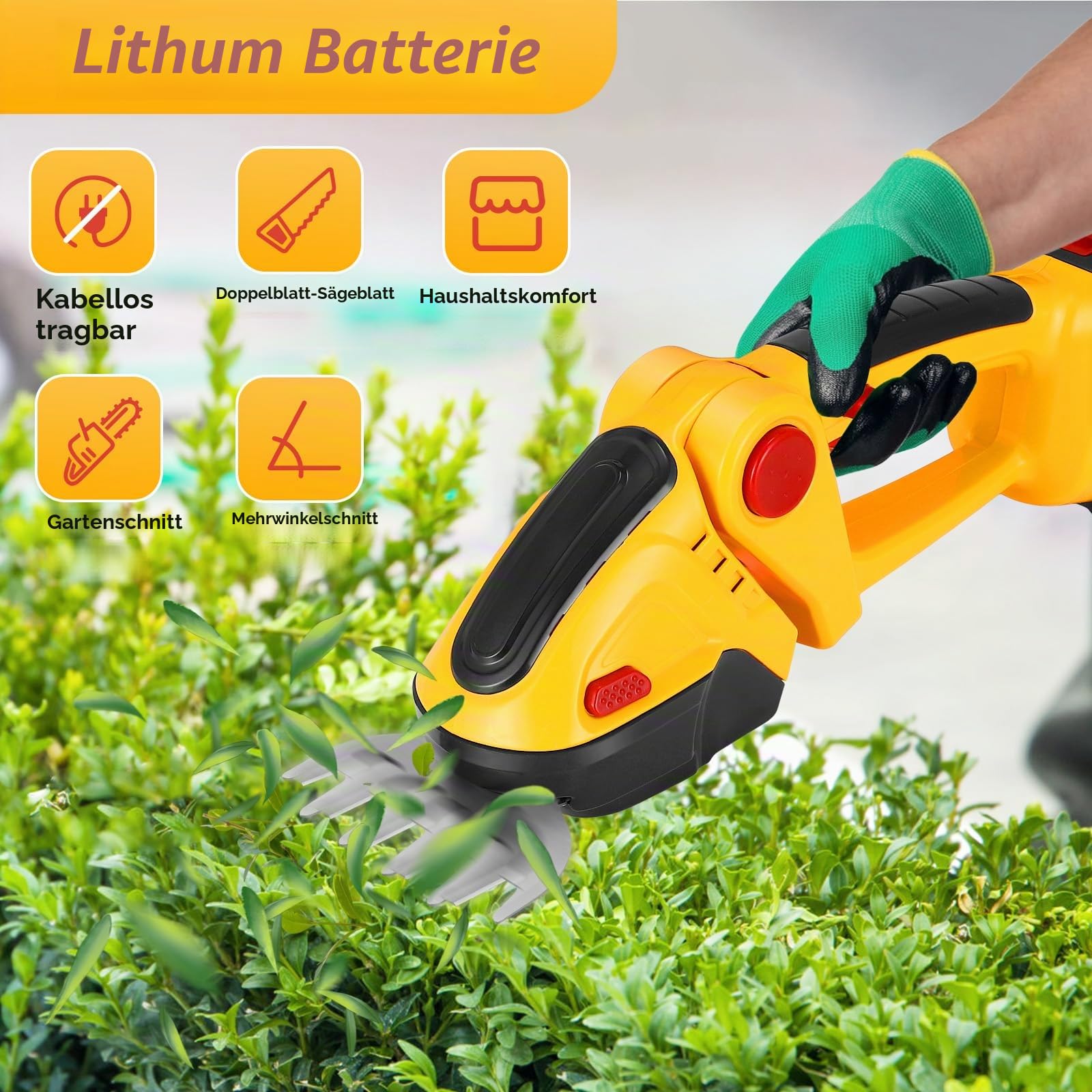 Kleine Heckenschere mit Akku, 2-in-1 Heckenschere Klein mit Akku und Ladegerät, Grasschere Strauchschere Akkus mit 2 Messern, 24V 1500 mAh Wiederaufladbaren Li-Ion Akku, Ideal für Garten Rasen