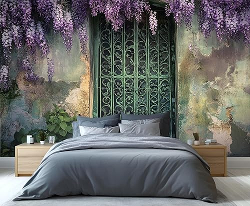 Miniatura 3 de KIREUPA Mural de pared vintage con puerta de hierro de glicina, mural de pared 3D de jardín floral rústico, mural de papel tapiz de puerta antigua