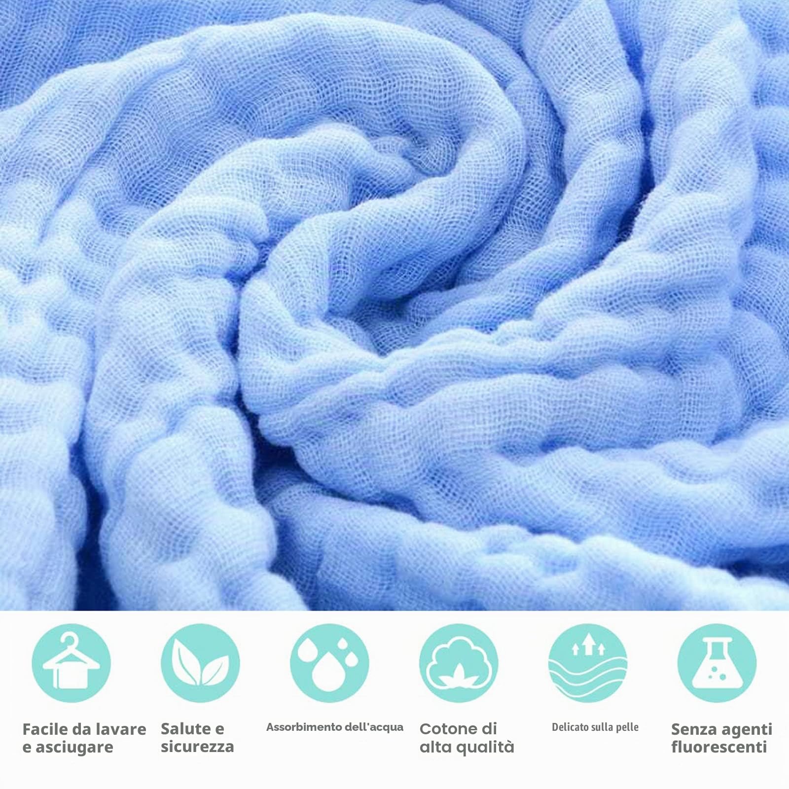 YeBon 2 asciugamani da bagno in mussola per bambini, in cotone super morbido, 6 strati, coperta fasciante per neonati 100 x 100 cm, registro del bambino come doccia (blu)