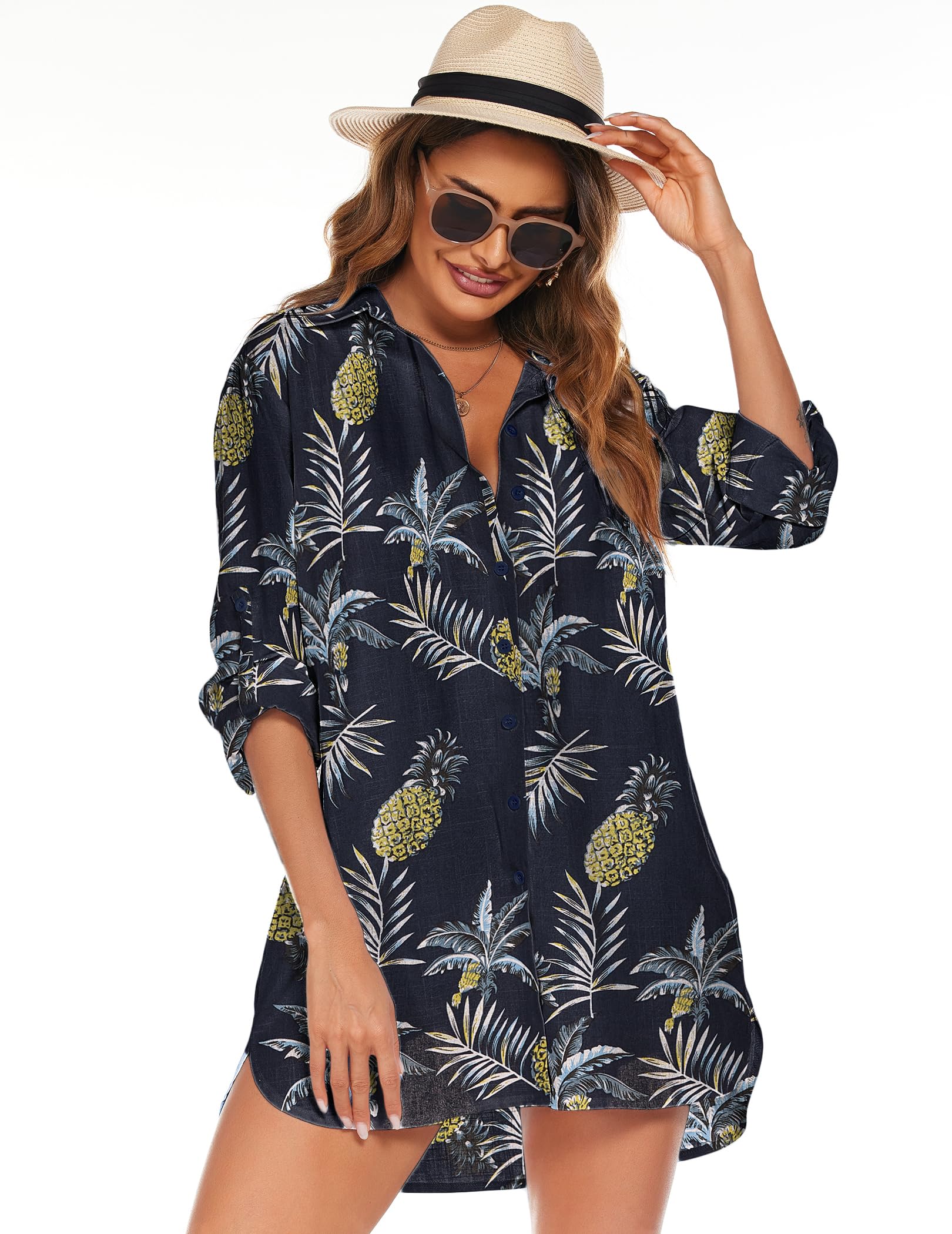 HOTOUCH Women Boyfriend Shirts Button Down Long Sleeve Blouse Cuffed Sleeve Collared Shirt