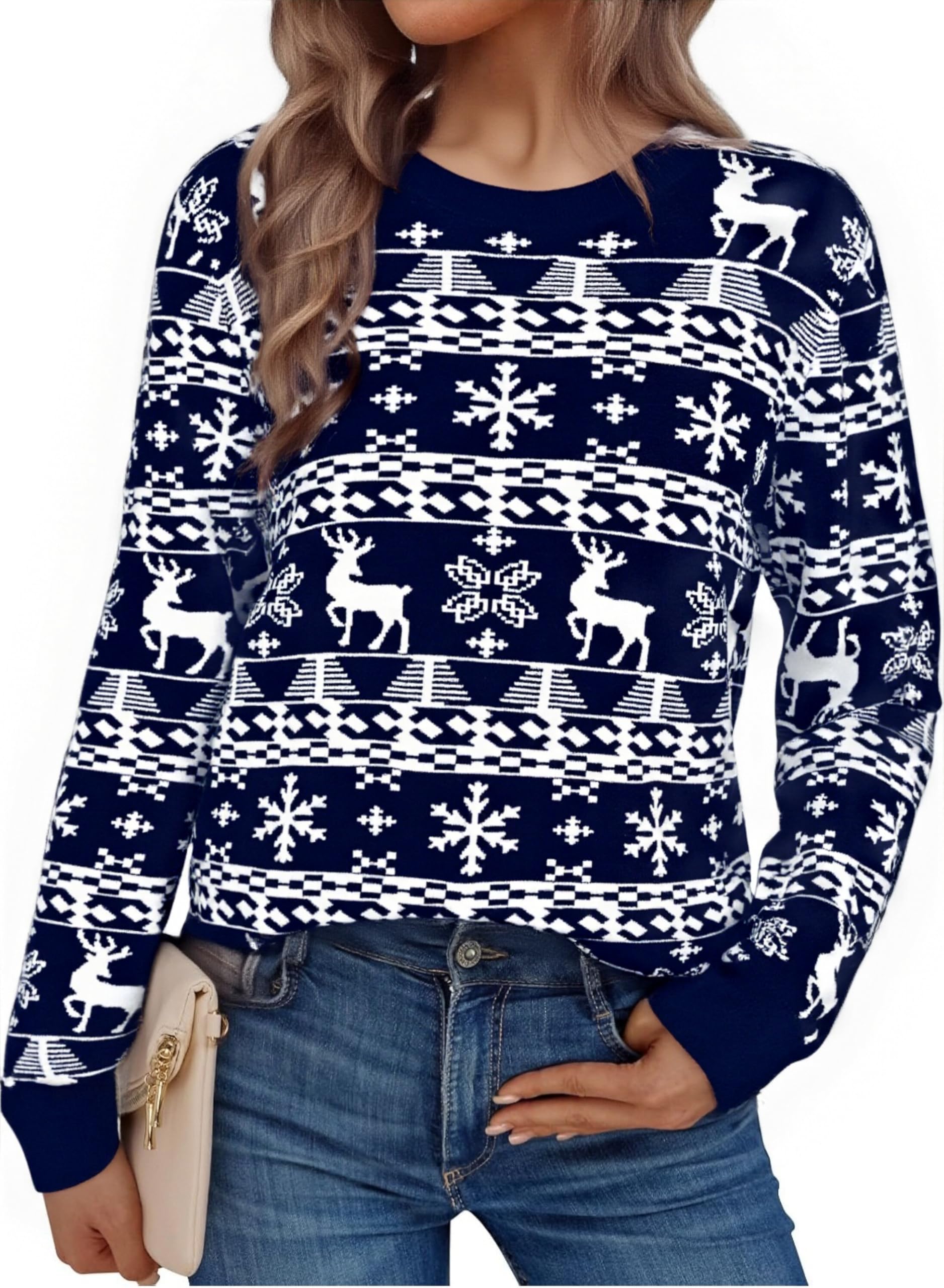 Litherday Sweter bożonarodzeniowy damski na Boże Narodzenie, sweter z dzianiny, okrągły dekolt, długi rękaw, renifery, płatki śniegu, miękki sweter, Boże Narodzenie, zima