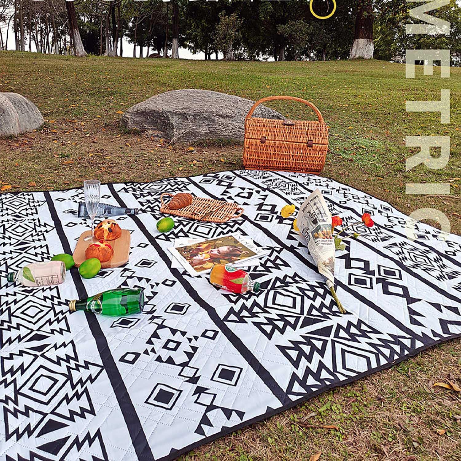 Manta Picnic Impermeable en Blanco y Negro,Alfombras de Playa Plegable,Mantel Picnic,Portátil Picnic Blanket,Alfombra Exterior,Manta Playa,Ideal para Playa,Picnic,Camping,150x200cm/60 x80