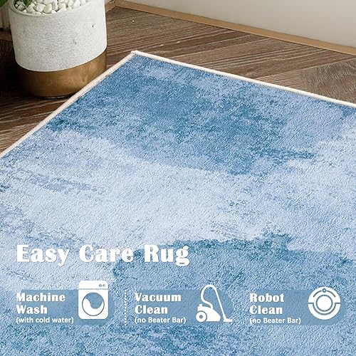 Miniatura 5 de jinchan Alfombra de área de 3 x 5 pies, lavable, para interiores, moderna, abstracta, azul, alfombra de cocina, alfombra fina, antideslizante,