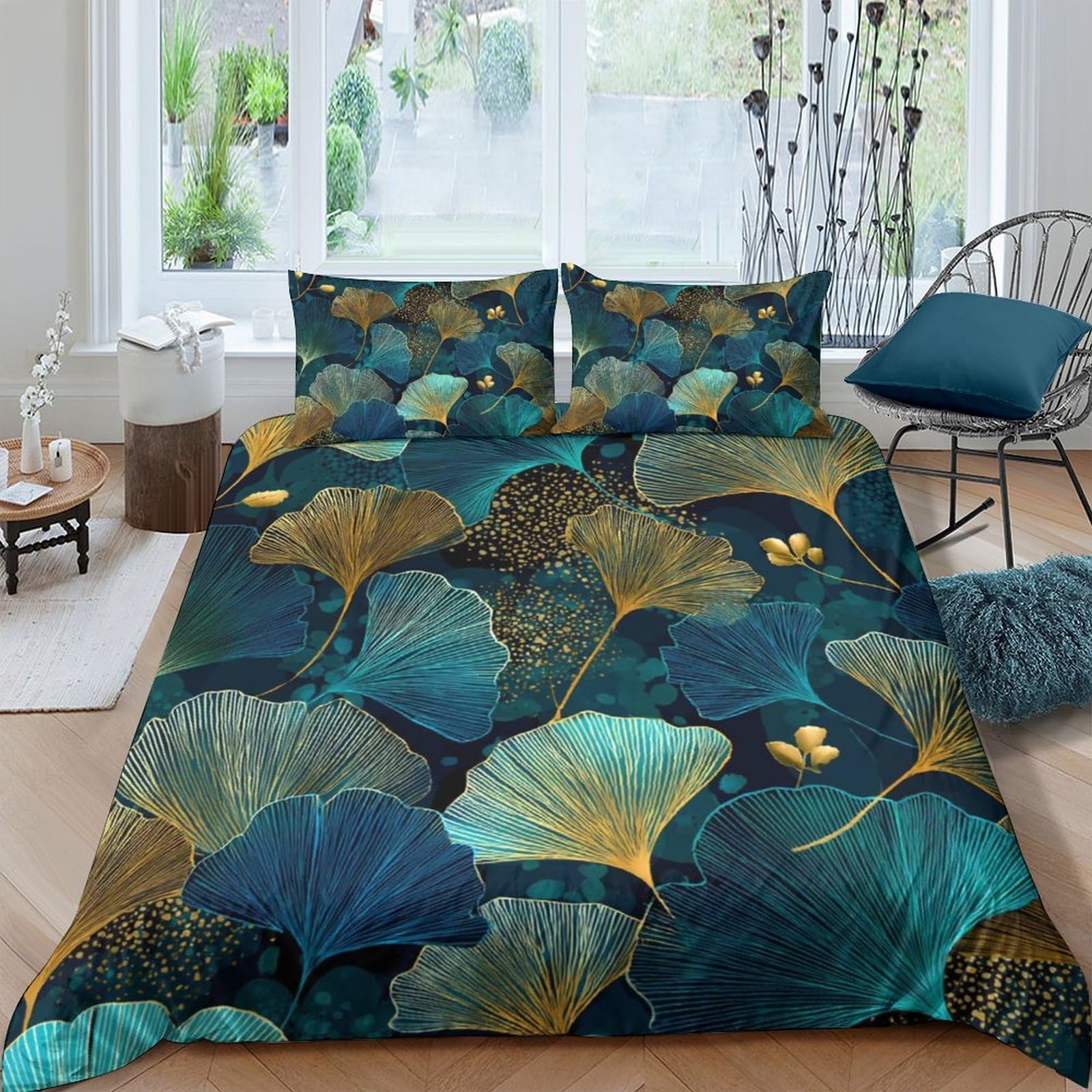 Ctjqhvkz Style-5 3D Printed Ginkgo Leaf Fitted Sheet Microfiber Soft Blue Gold Art Mattress Cover For Bedroom Guest Room Decor Single（135X200cm）