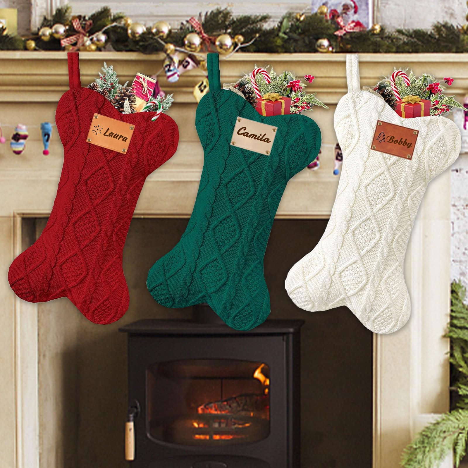 HJX Personalized Leather Name Tags for 2024 Christmas Stocking,Custom Leather Label for Xmas Knitted Stockings Handmade Crochet Knitting Items,PU Leather Name Label with Rivets