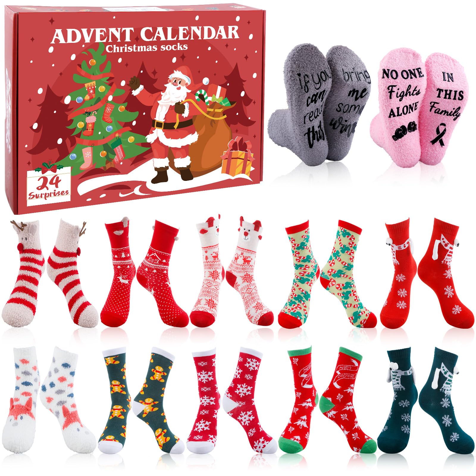 Calendario Avvento 2025 Calzini - 12 Paia di Calzini di Natale in Morbido Cotone Unisex per Donna e Uomo - Taglia 36-41 - Regalo Divertente per Natale
