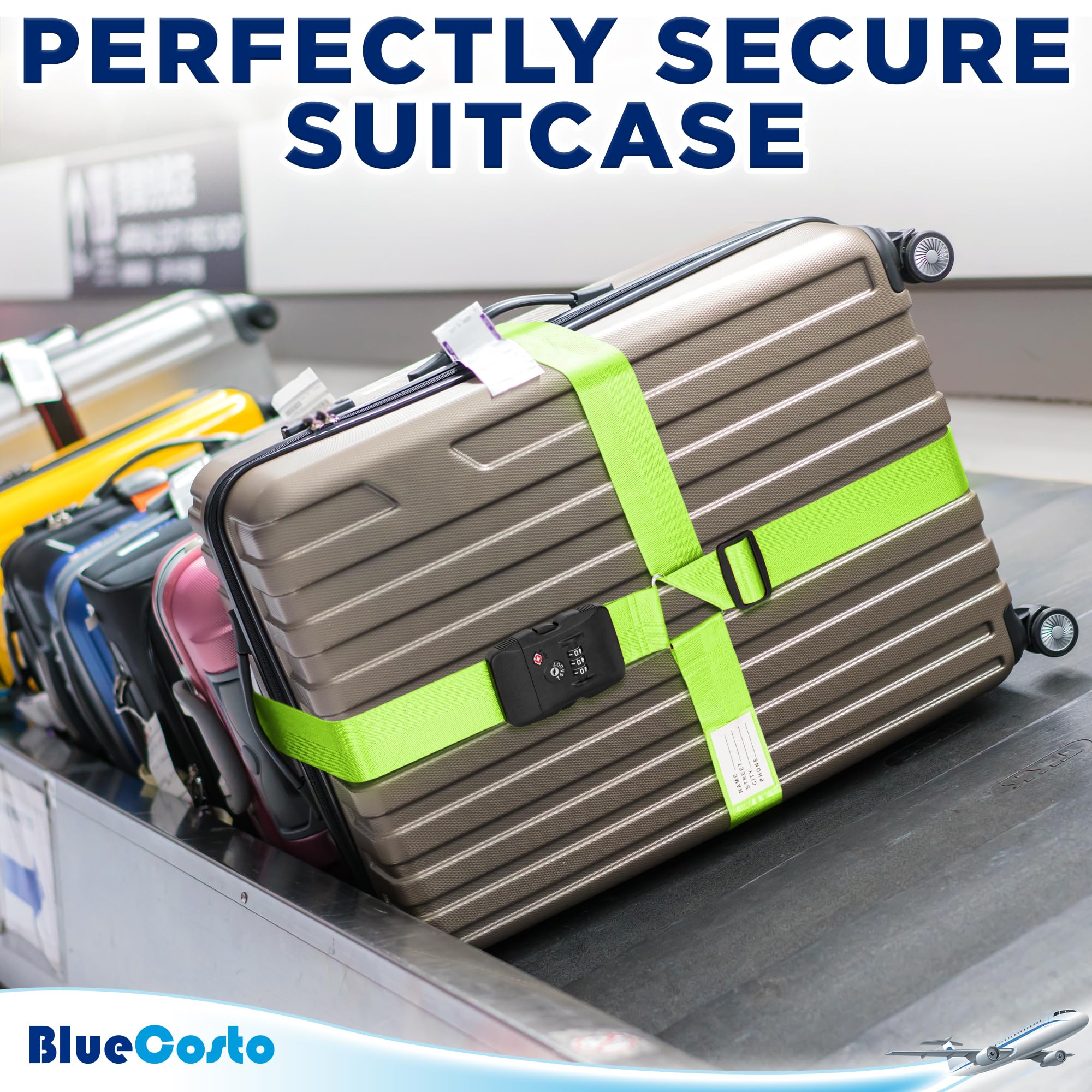 BlueCosto - Luggage Strap with TSA Lock - 2.2 to 4m Adjustable, Neon Green - TSA Approved Suitcase Security Belt with 3 Digit Combination Locking