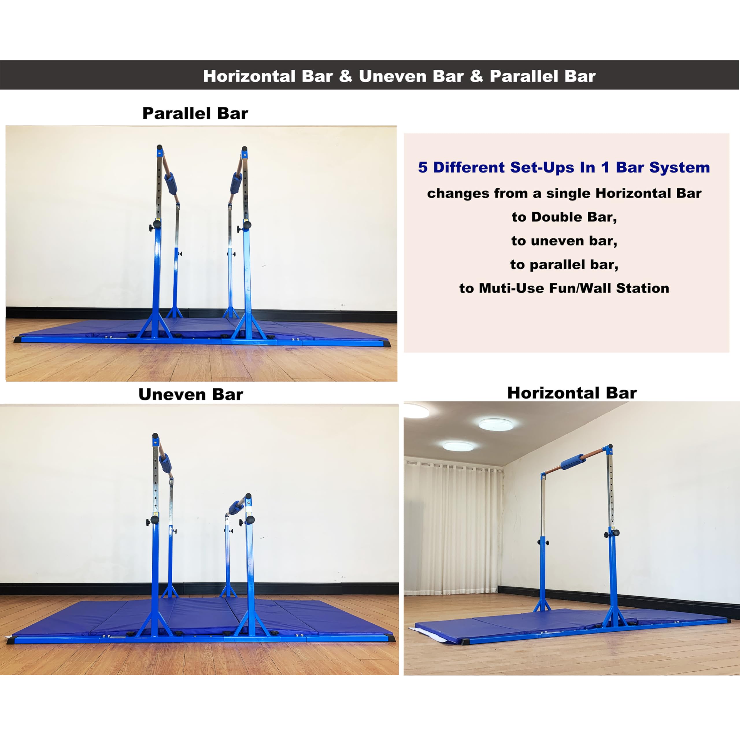 Gymnastics Double Horizontal Bars 3Play Parallel Bars Uneven Bars Gymnastics Training Kip Bar with 304 Stainless Steel Regulating Arms & Fiberglass Rail for Indoor Outdoor Home Club Use