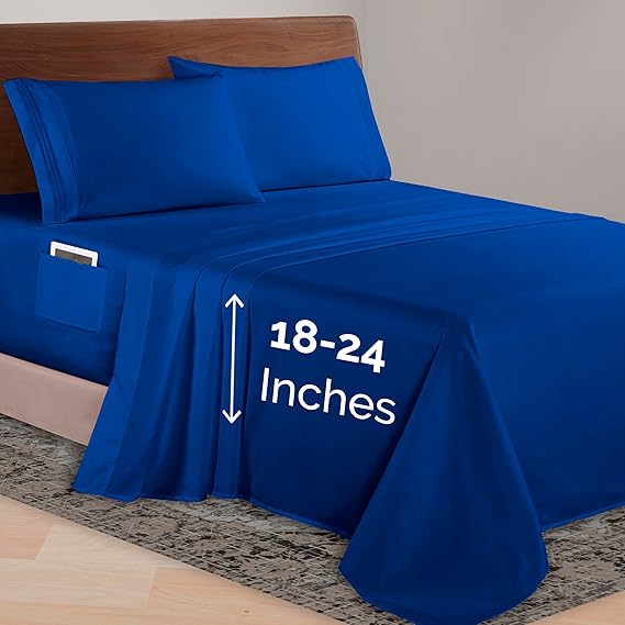 Elegant Comfort Luxurious 1500 Premium Hotel Quality Microfiber 4-Piece Sheet Set, 18-24 Inches Deep - Extra Deep Pocket Sheets - Ultra Soft 4PC Deep Pocket Sheets, California King, Royal Blue