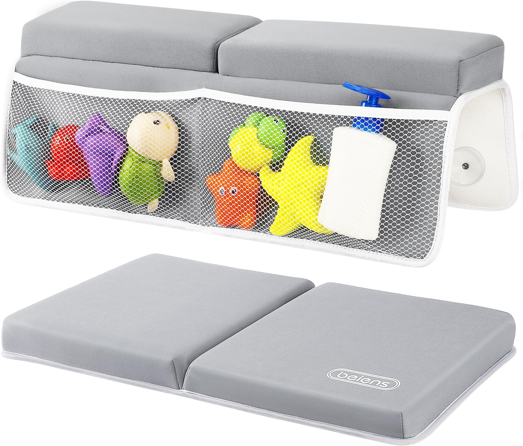 beiens Bath Kneeler and Elbow Rest Pad, 1.5'' Thick Quickly Dry Kneeling Pad and Elbow Support for Knee & Arm Support Large Bathtub Kneeling Mat with Toy Organizer for Happy Baby Bathing Time (Grey)