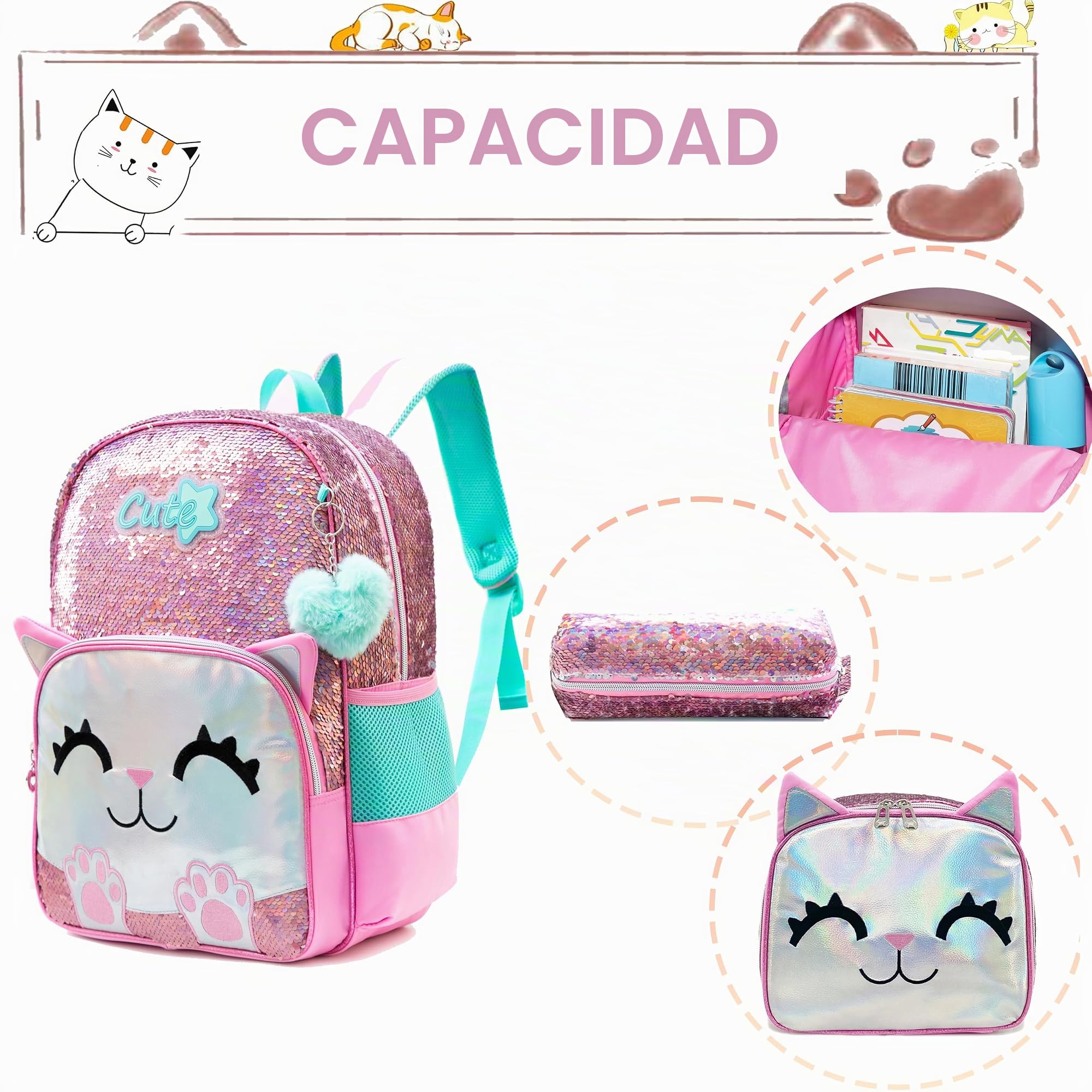 HTgroce Mochila Niña,16inch Mochila Niña Escuela Primaria Kindergarten Mochilas Escolares Infantiles Lleva una lonchera y un Estuche para lápices Mochila Escolar