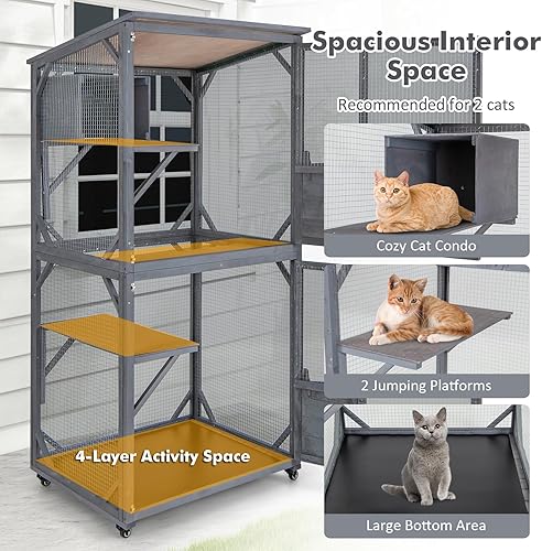 Miniatura 5 de Tangkula Catio - Recinto para gatos al aire libre, casa de madera para gatos de 72 pulgadas con caja de descanso, 2 plataformas y techo de asfalto