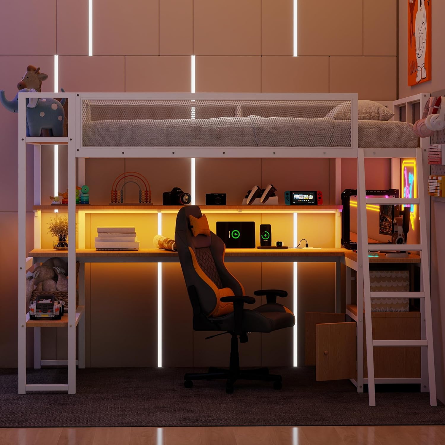 Twin Loft Bed with Desk and LED, Heavy Duty Metal Bunk Bed Frame with Laddder and Multiple Storage, White