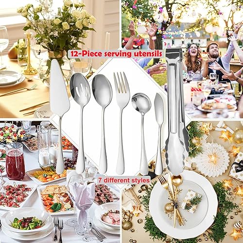 Miniatura 6 de IAXSEE Juego de 12 utensilios plateados para servir de acero inoxidable cucharas ranuradas tenedores para servir pinzas para servir pasteles cuchara