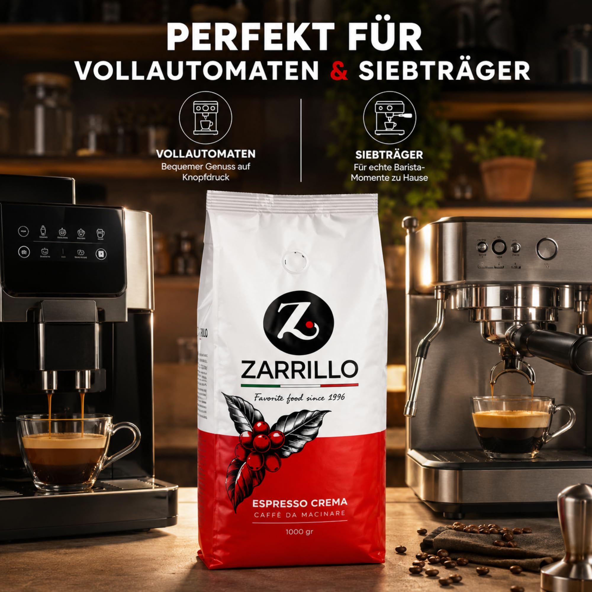 ZARRILLO Italienische Espresso Kaffeebohnen, Arabica und Robusta, für Vollautomaten & Siebträgermaschinen, Kräftige Crema, Mittlere Röstung (1 kg (6er Pack))