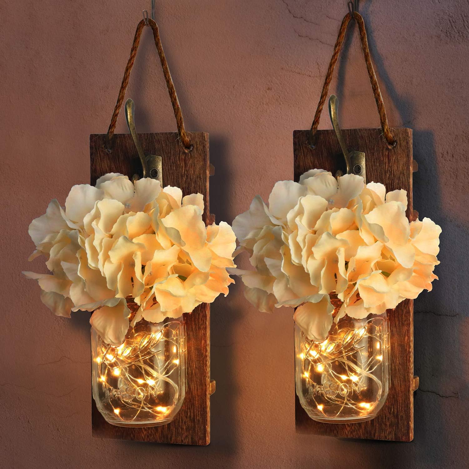 PONOSIR Handmade Home Decor Mason Jar Sconces Rustic Wall Decor Farmhouse Decor Decorative Jar Iron Hook Champagne Hydrangea Led Light Strips๏ผType 1