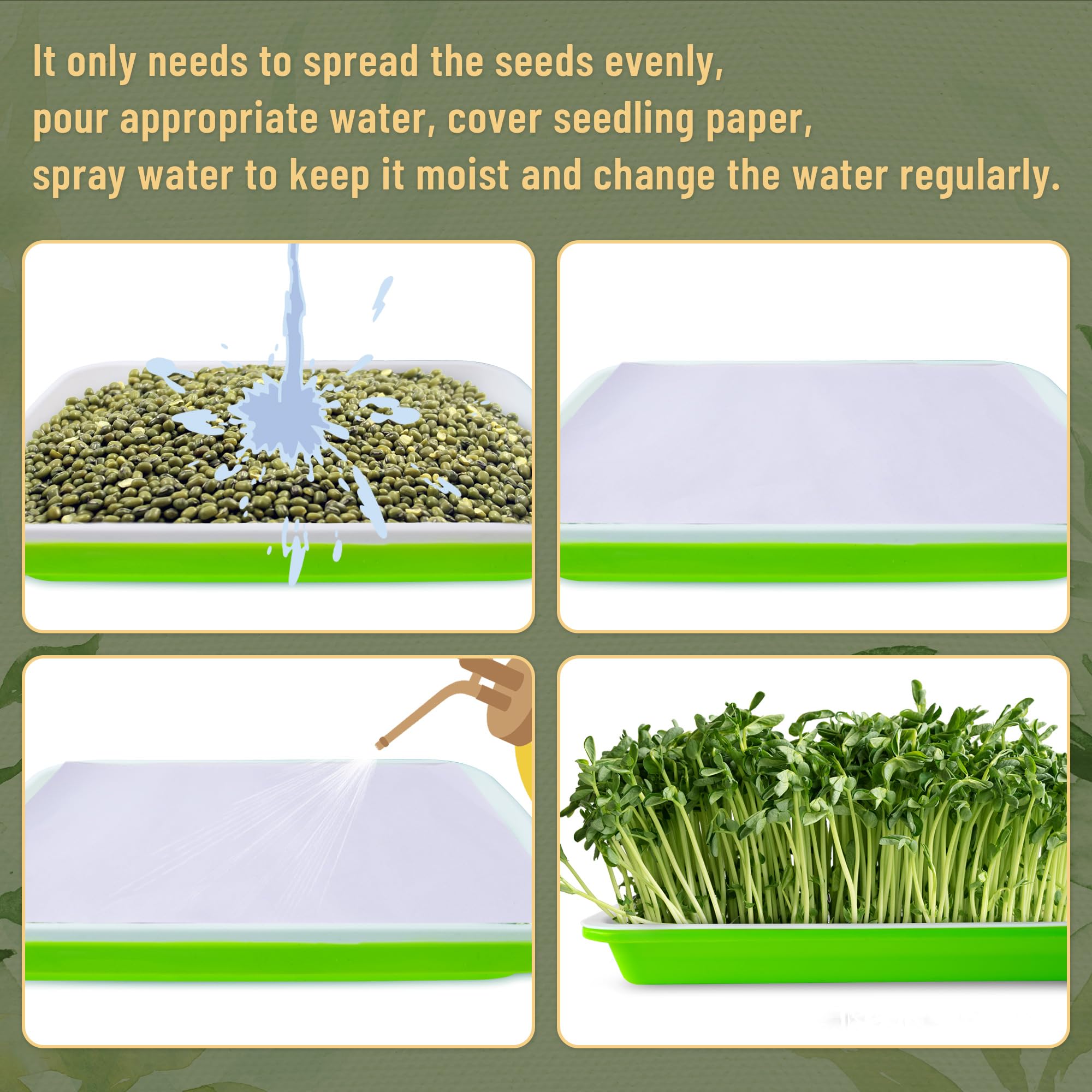 Lot de 10 plateaux de germination de graines avec trous de drainage, kit de germination des graines sans BPA, plateau d'herbe de blé sans terre, kit de culture de micropousses (vert)