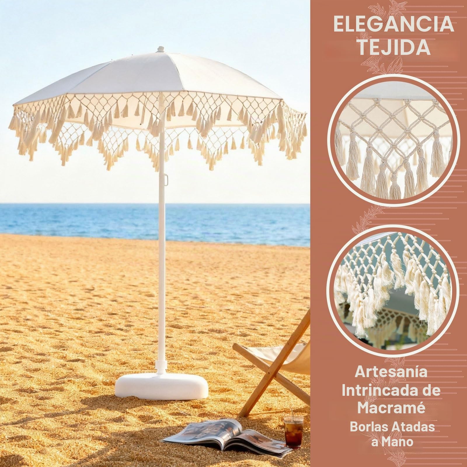 2.0m Sombrilla de Patio con Flecos | Sombrilla de Playa a Prueba de Rayos UV para Exteriores | Sombrilla de Flecos para Jardín Terraza Piscina y Terraza | Anti Viento