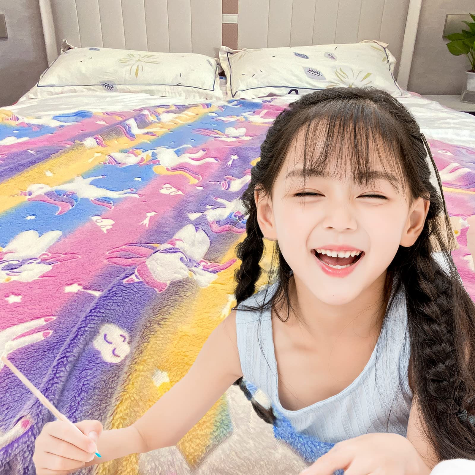 HSGLGNA Coperta per bambini, con unicorno, luce al buio, morbida coperta in flanella, per ragazzi e ragazze, divano (unicorno 03, 130 x 150 cm)