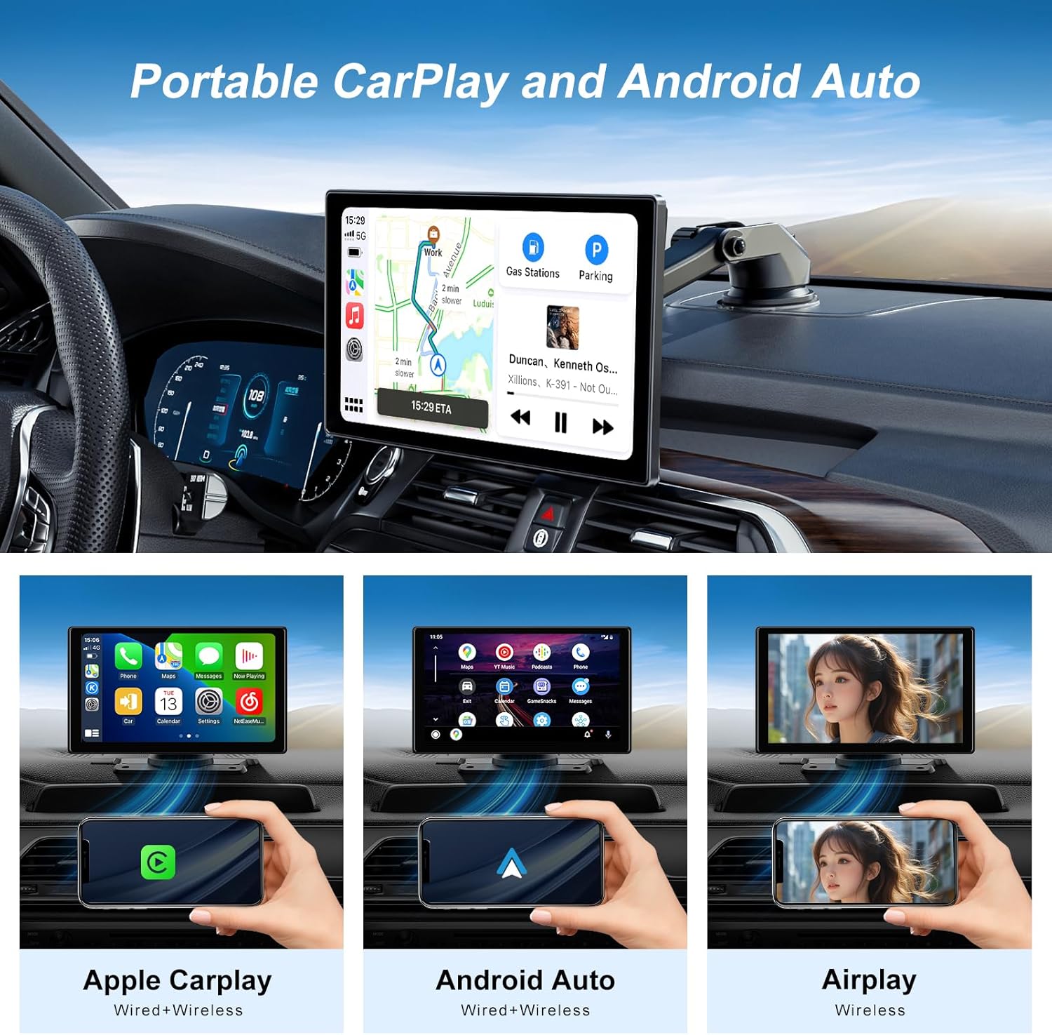 Portable CarPlay and Android Auto functionality shown in a car interior