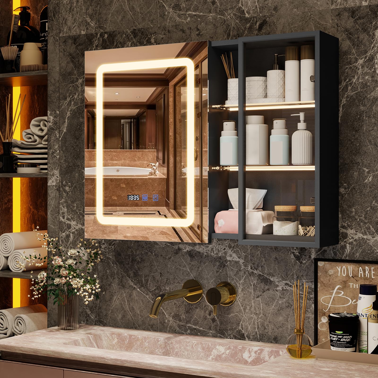 YU YUSING Specchio Contenitore Bagno con Luce 80x15x60 cm, Mobile Bagno con Specchio, Armadietto Bagno Sospeso, Specchiera bagno, 2 Ripiani Illuminati Aperti, Anta in Vetro, 3 Modalità di Luce, Nero
