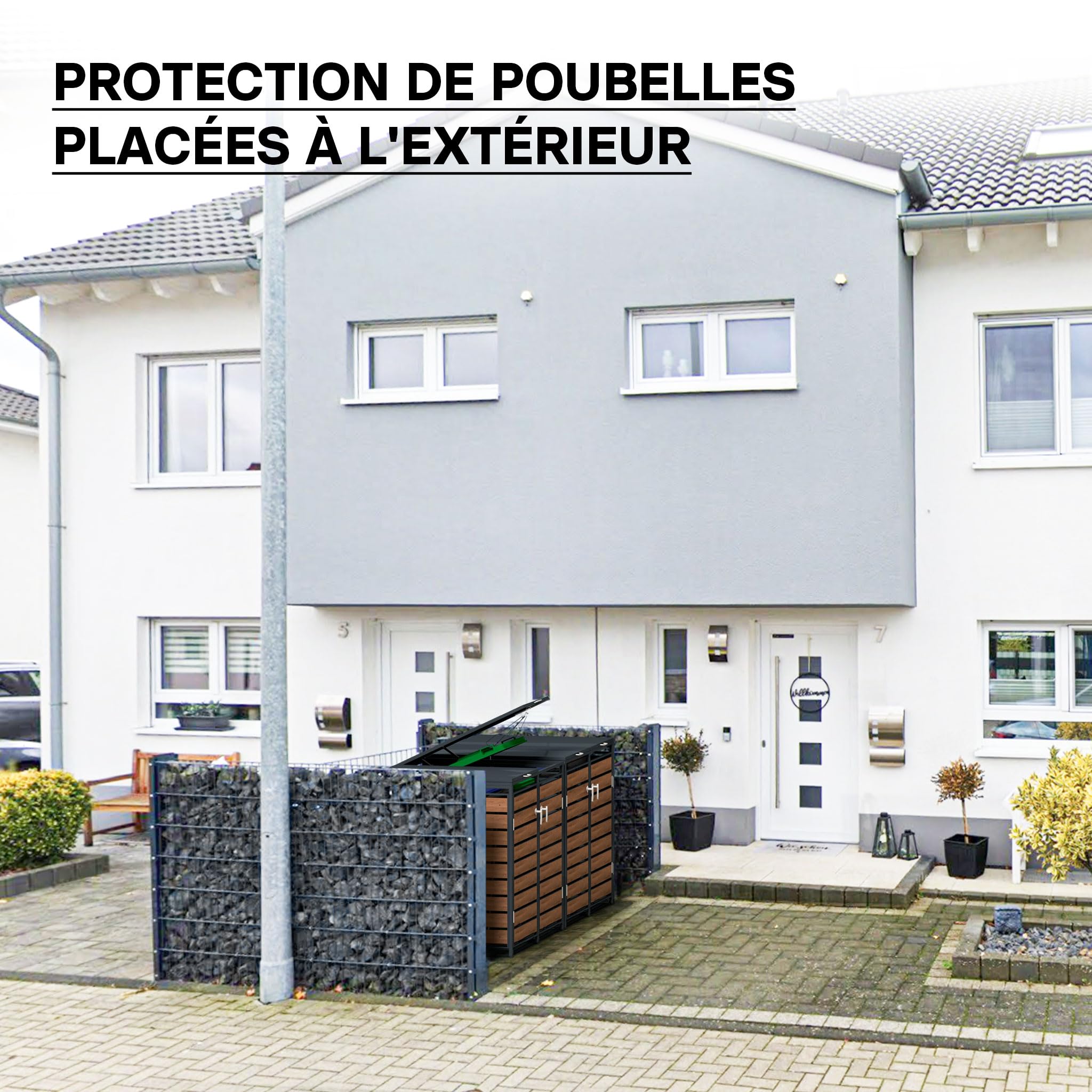 Wiltec Abri de Poubelle Double – 1420 x 980 x 1160 mm – pour Deux poubelles de 60 à 240 L – Design Bois – en Acier – avec Couvercle à carnière – Range Coffre Poubelle verrouillable
