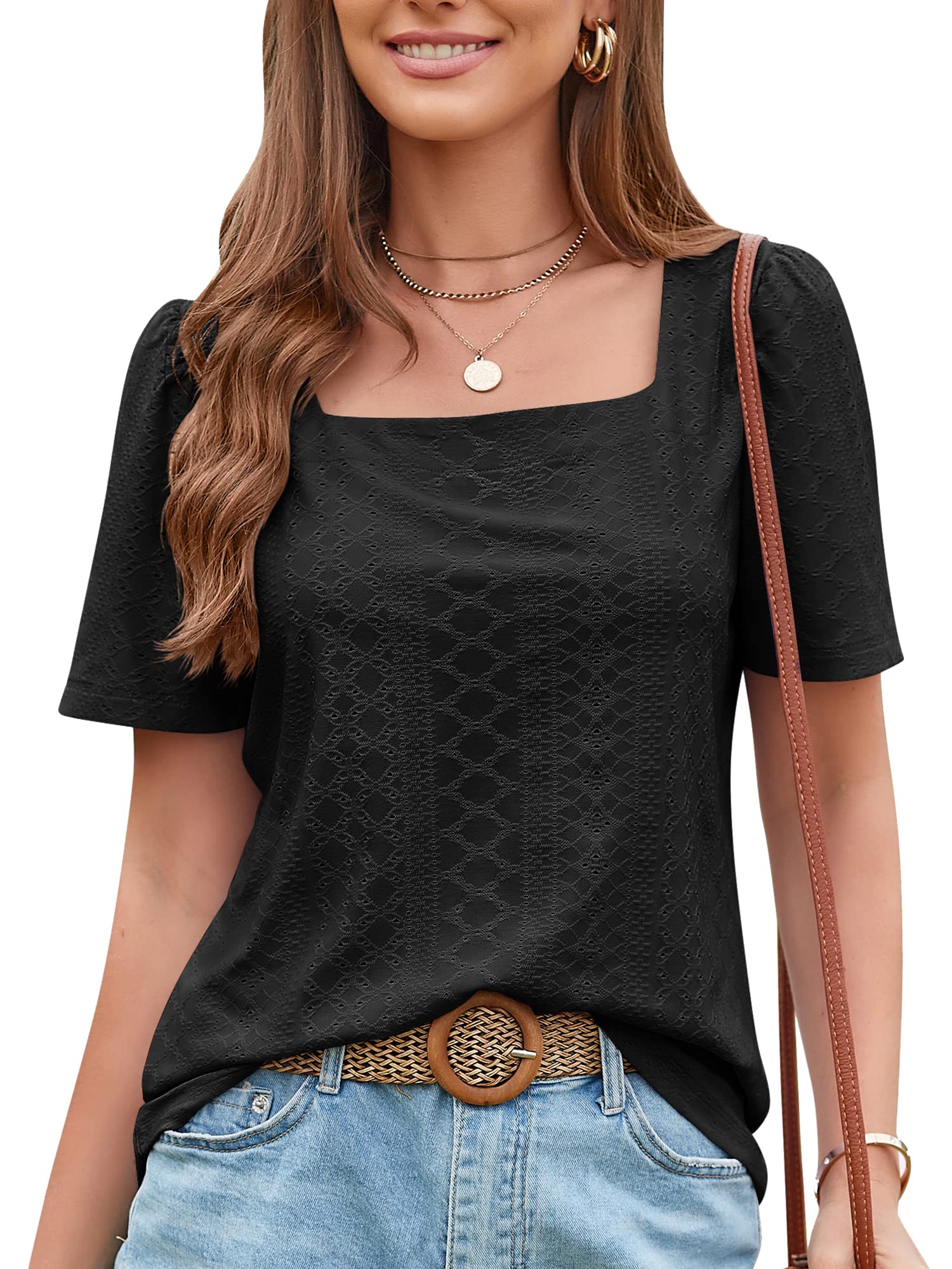 EVELIFEWomen's Work Shirts Summer T-Shirts Short Sleeve Eyelet Blouses U Neck Dressy Casual Tops