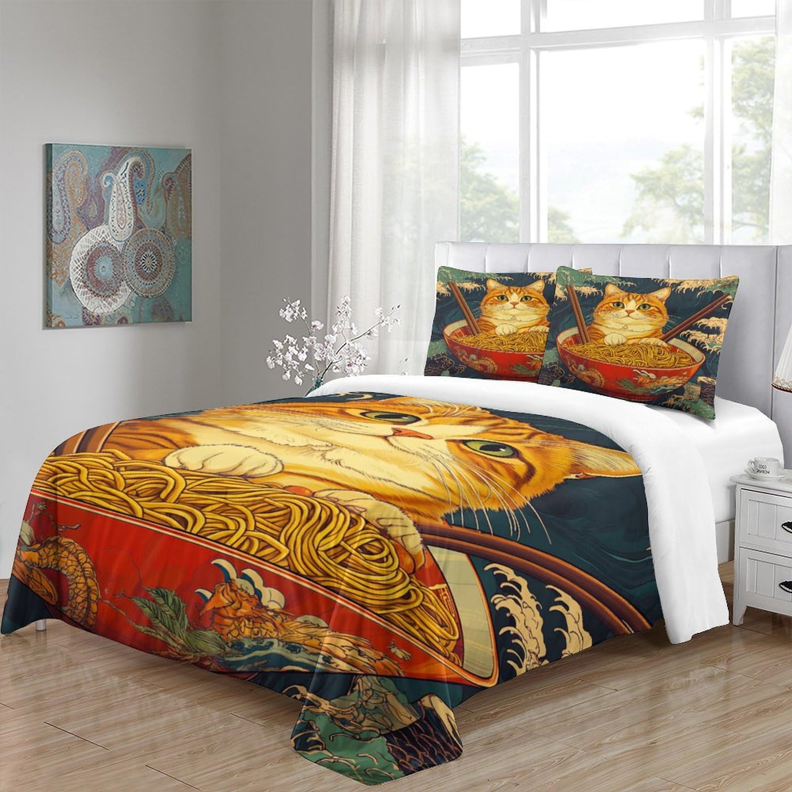 3D Drucken Bettwäsche Set Ginger Katze Ramen-Nudeln 3 Teilig Bettbezug Luxus Modern Mit Reißverschluss Für Geschenke Zimmer Deko Für Erwachsene Und Kinder King（220x240cm）