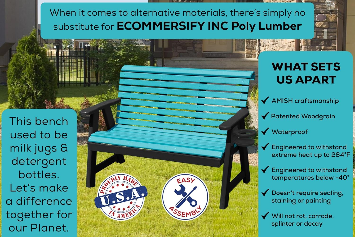 Amish Lancaster Series 3-Person 5FT Plastic Lumber Wood Bench Cupholders Made in USA HDPE No wood fibers Memorial Patio Outdoor Garden Porch Park Church Bench Signature design Rollback 800 lbs Limit