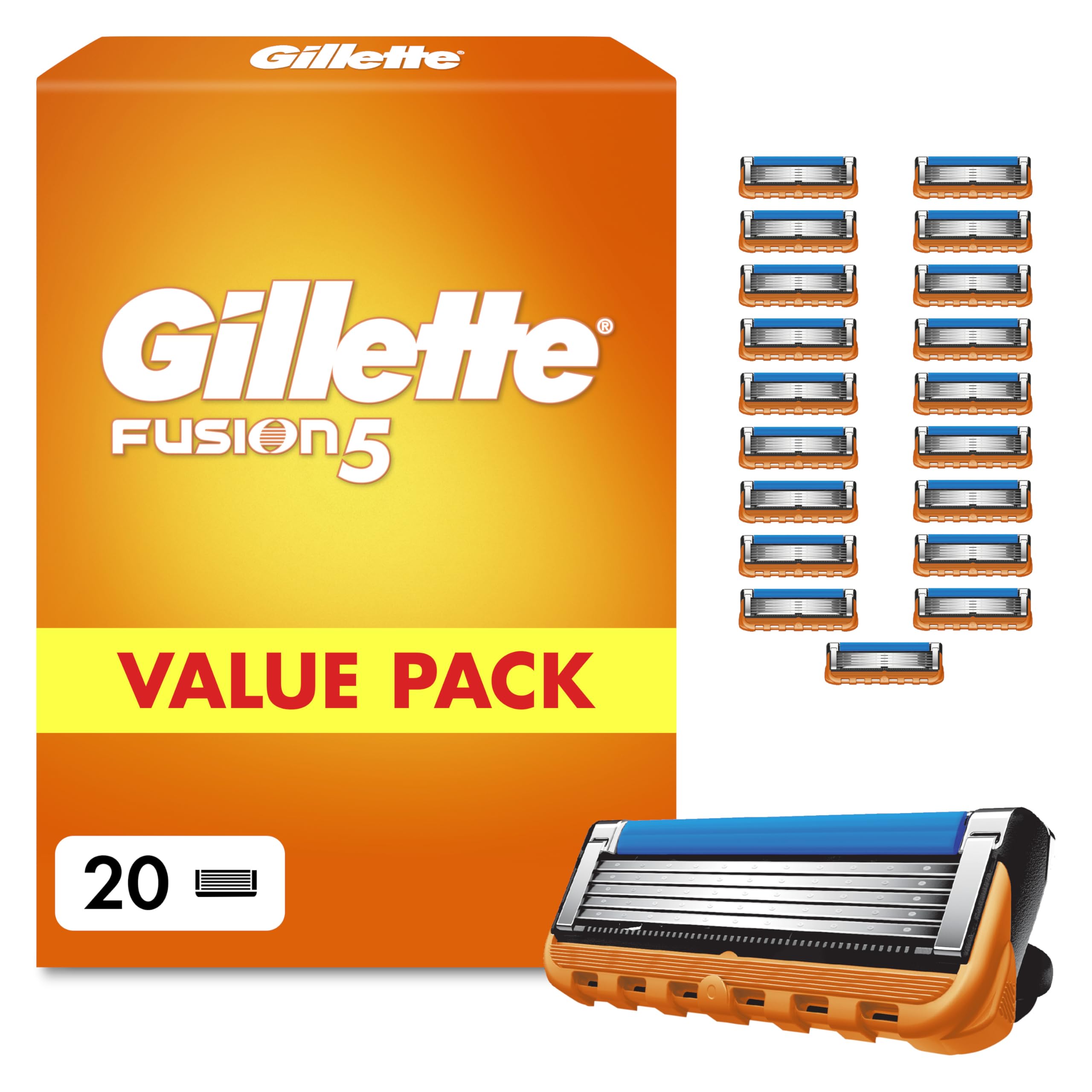 Gillette Fusion 5 Klingen Herren, 20 Original Rasierklingen, Orange - Für Nassrasierer mit Größerem Gleitstreifen für Ein Sanftes Gleiten Und für Eine Unglaublich Gründliche Und Komfortable Rasur