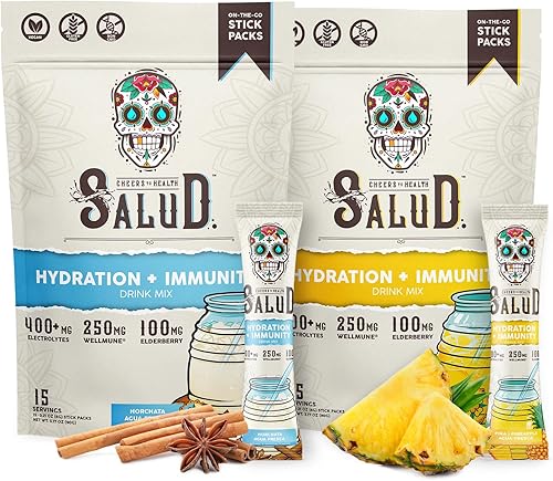 Salud - Paquete de 2 | Hidratación 2 en 1 + inmunidad (horchata) e hidratación + inmunidad (piña) – 15 porciones cada una, mezcla de bebida Agua