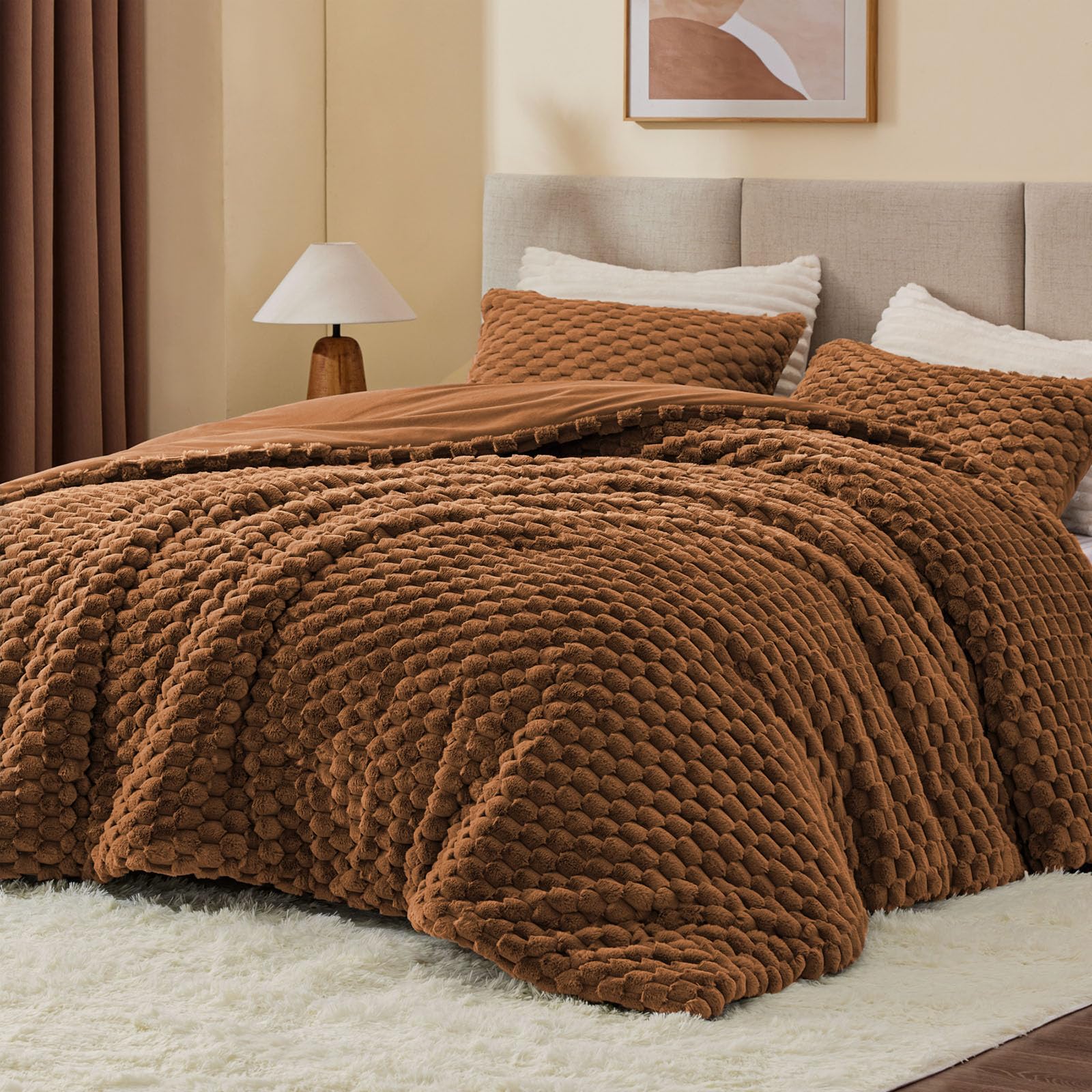 BEDELITE Fluffy King Size Comforter Set, Terracotta Fleece Bed Set 3 Pieces